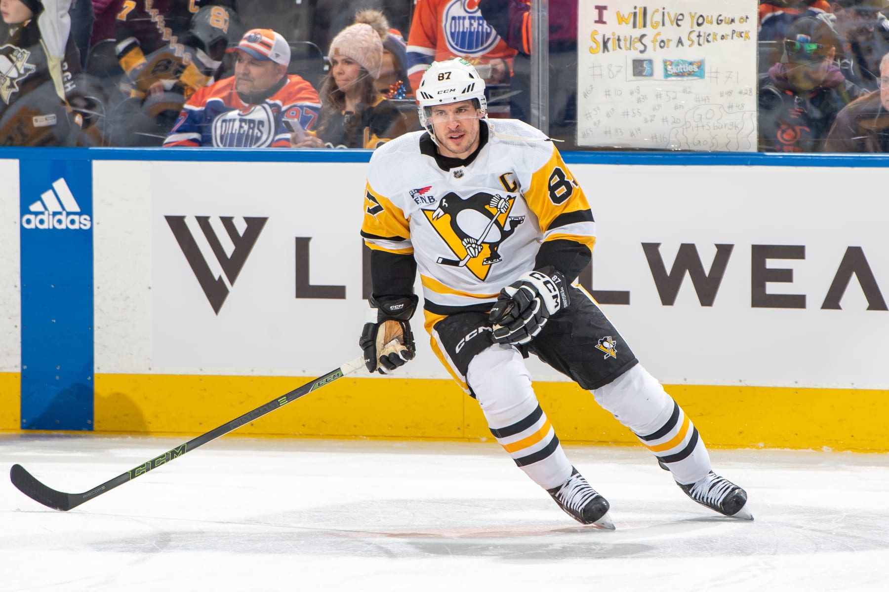 EDMONTON, CANADA - MARCH 3: Sidney Crosby #87 of the Pittsburgh Penguins skates during warm ups before the game against the Edmonton Oilers at Rogers Place on March 03, 2024, in Edmonton, Alberta, Canada. (Photo by Andy Devlin/NHLI via Getty Images)