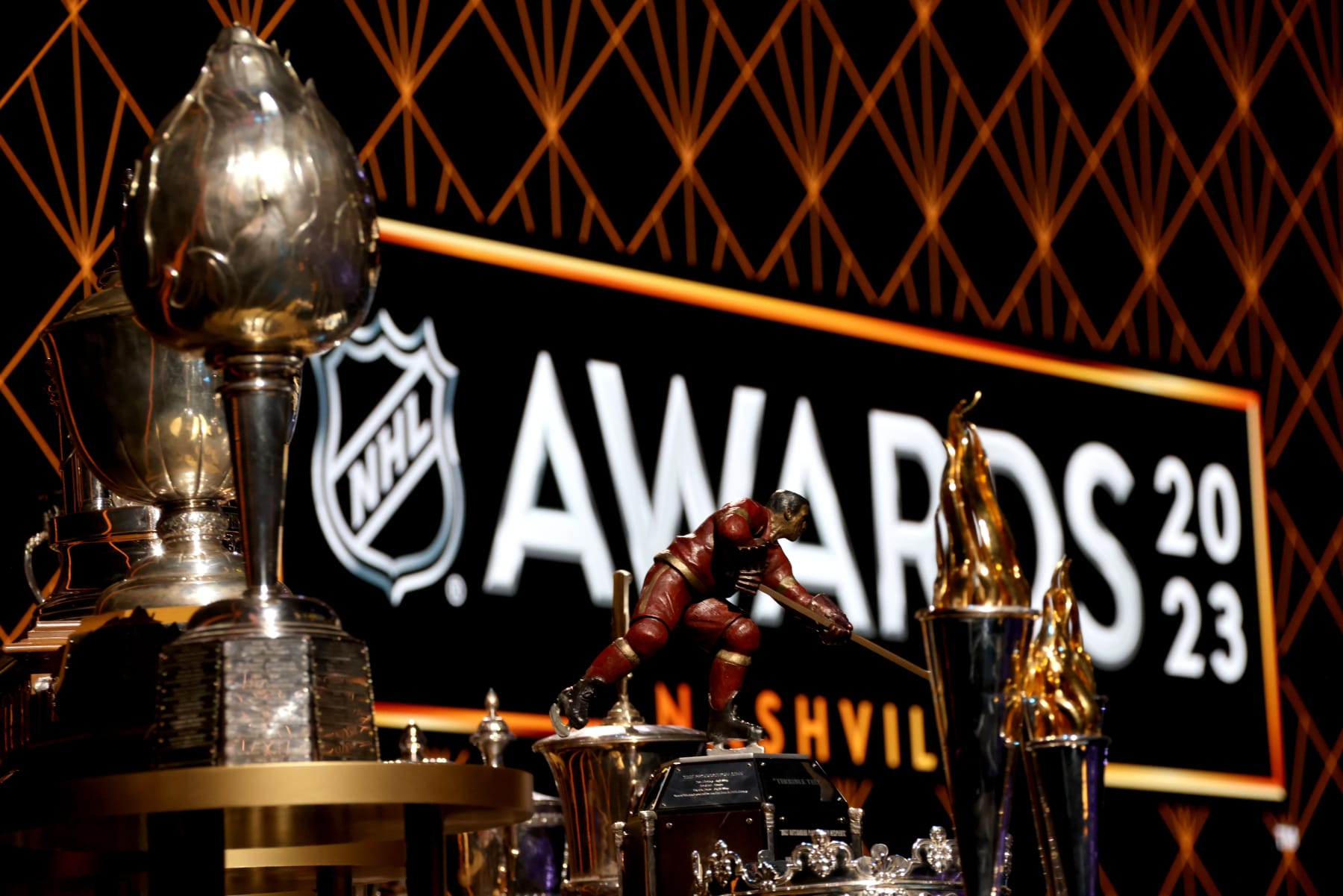 NASHVILLE, TENNESSEE - JUNE 26: A general view of the awards is seen onstage at the 2023 NHL Awards at Bridgestone Arena on June 26, 2023 in Nashville, Tennessee. (Photo by Dave Sandford/NHLI via Getty Images)