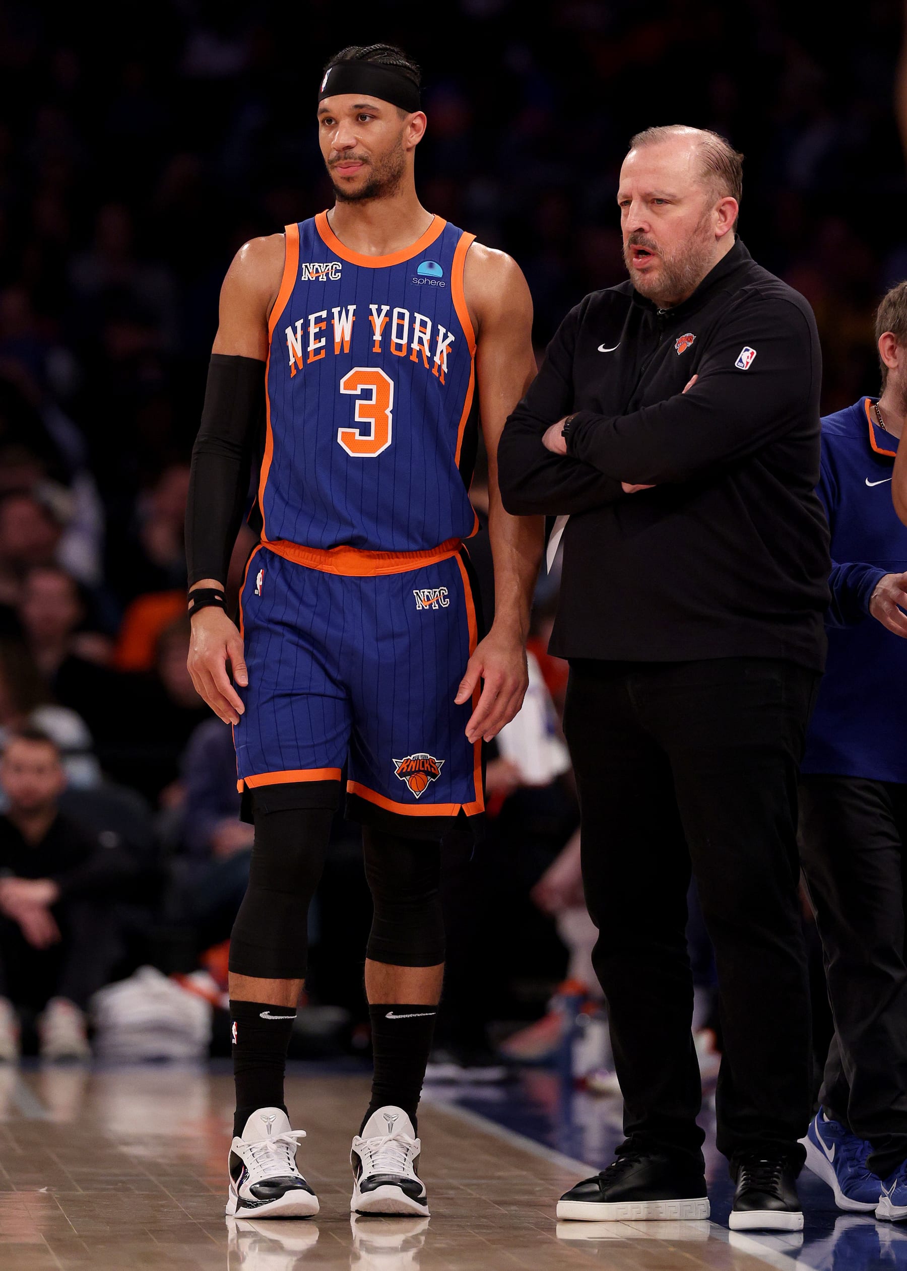 NEW YORK, NEW YORK - APRIL 14: Josh Hart #3 of the New York Knicks talks with head coach Tom Thibodeau during the first half against the Chicago Bulls at Madison Square Garden on April 14, 2024 in New York City. NOTE TO USER: User expressly acknowledges and agrees that, by downloading and or using this photograph, User is consenting to the terms and conditions of the Getty Images License Agreement. (Photo by Elsa/Getty Images)