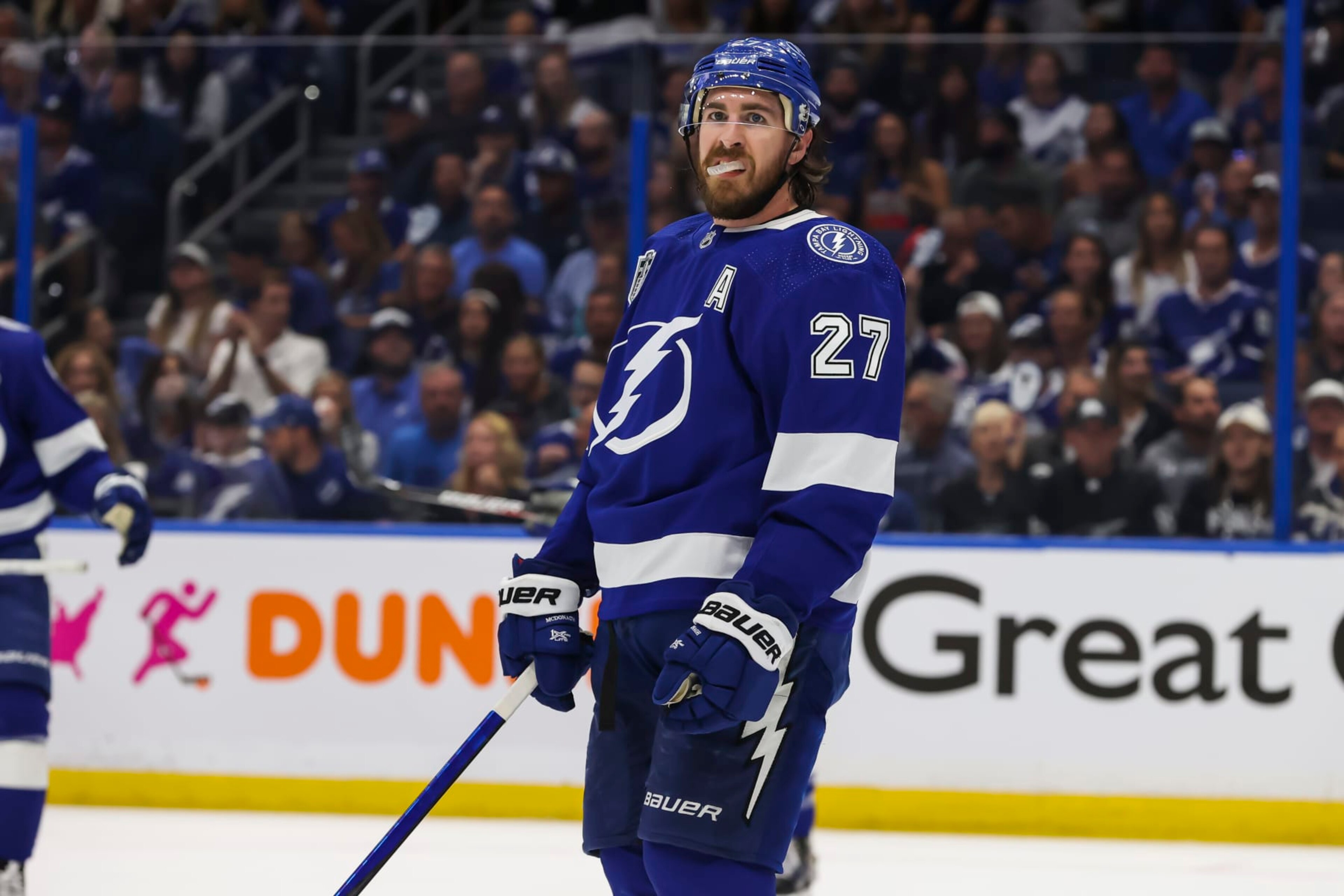TAMPA, FL - JUNE 20: Ryan McDonagh #27 of the Tampa Bay Lightning skates against the Colorado Avalanche during the second period in Game Three of the 2022 Stanley Cup Final at Amalie Arena on June 20, 2022 in Tampa, Florida. (Photo by Mark LoMoglio/NHLI via Getty Images) TAMPA, FL - JUNE 20: Ryan McDonagh #27 of the Tampa Bay Lightning skates against the Colorado Avalanche during the second period in Game Three of the 2022 Stanley Cup Final at Amalie Arena on June 20, 2022 in Tampa, Florida. (Photo by Mark LoMoglio/NHLI via Getty Images)