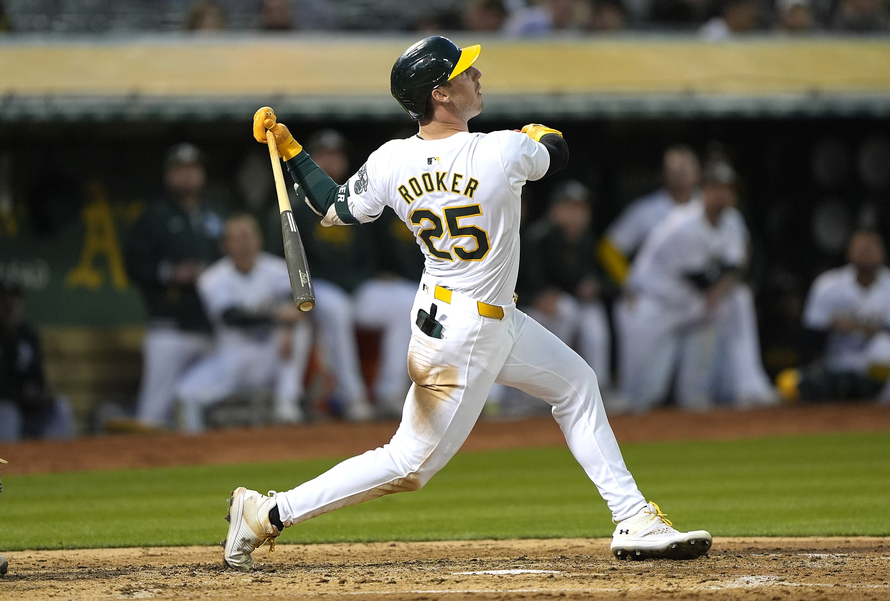 OAKLAND, CALIFORNIA - MAY 22: Brent Rooker #25 of the Oakland Athletics bats against the Colorado Rockies in the bottom of the seventh inning on May 22, 2024 at the Oakland Coliseum in Oakland, California. (Photo by Thearon W. Henderson/Getty Images)