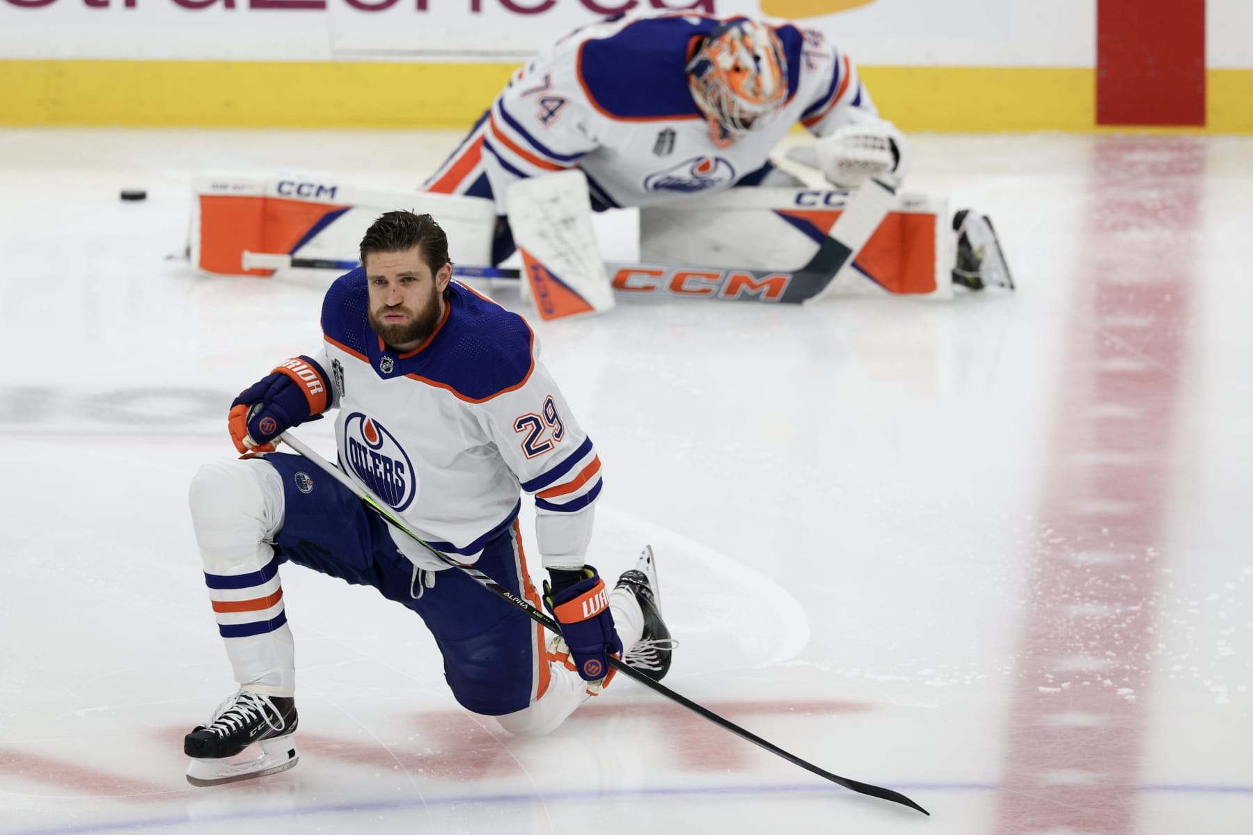 SUNRISE, FLORIDA - JUNE 10: Leon Draisaitl #29 of the Edmonton Oilers looks on prior to Game Two of the 2024 Stanley Cup Final against the Florida Panthers at Amerant Bank Arena on June 10, 2024 in Sunrise, Florida. (Photo by Elsa/Getty Images)