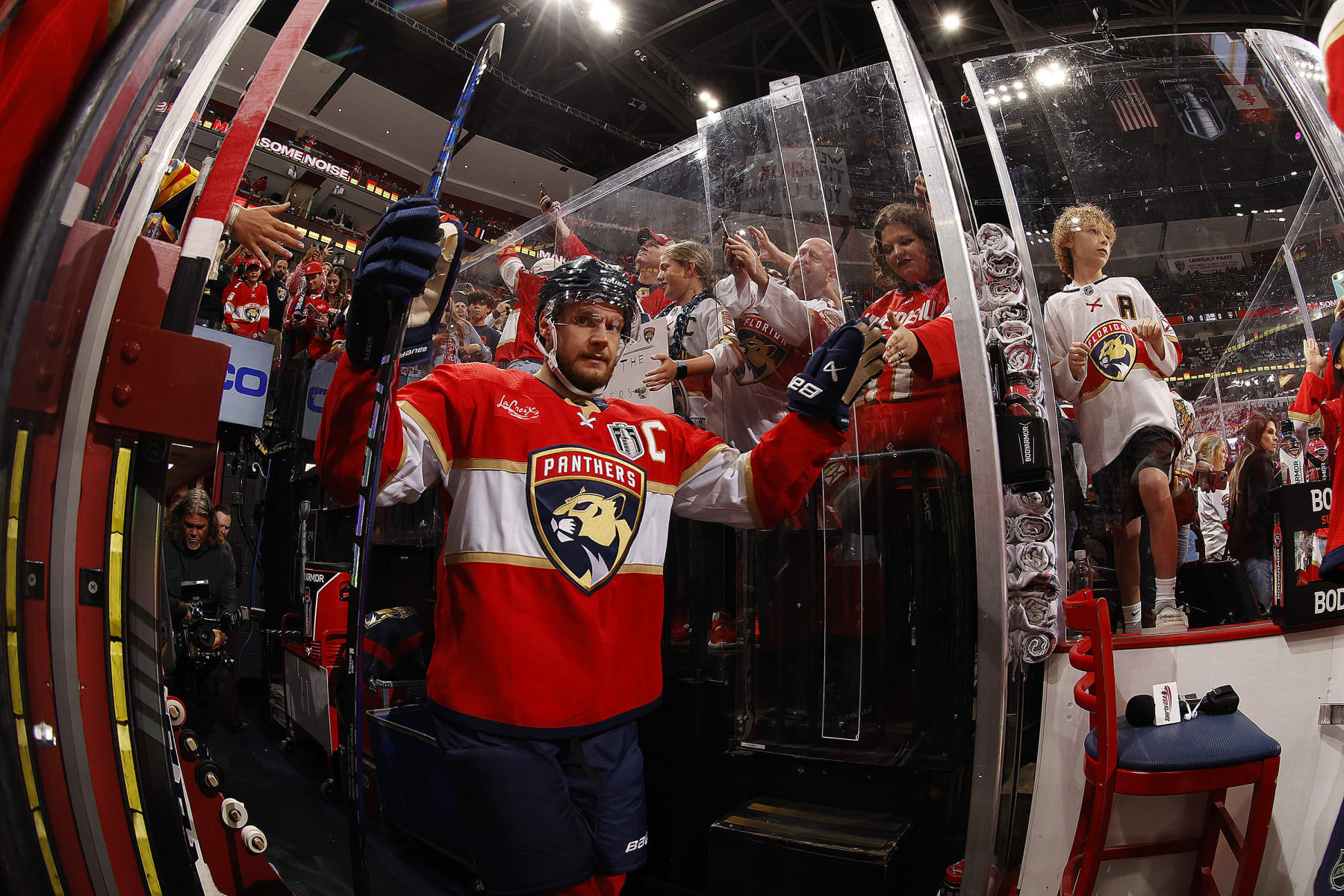 SUNRISE, FLORIDA - JUNE 10: Aleksander Barkov #16 of the Florida Panthers makes his way to the ice prior to the start of the game against the Edmonton Oilers in Game Two of the Stanley Cup Final at the Amerant Bank Arena on June 10, 2024 in Sunrise, Florida. (Photo by Eliot J. Schechter/NHLI via Getty Images)