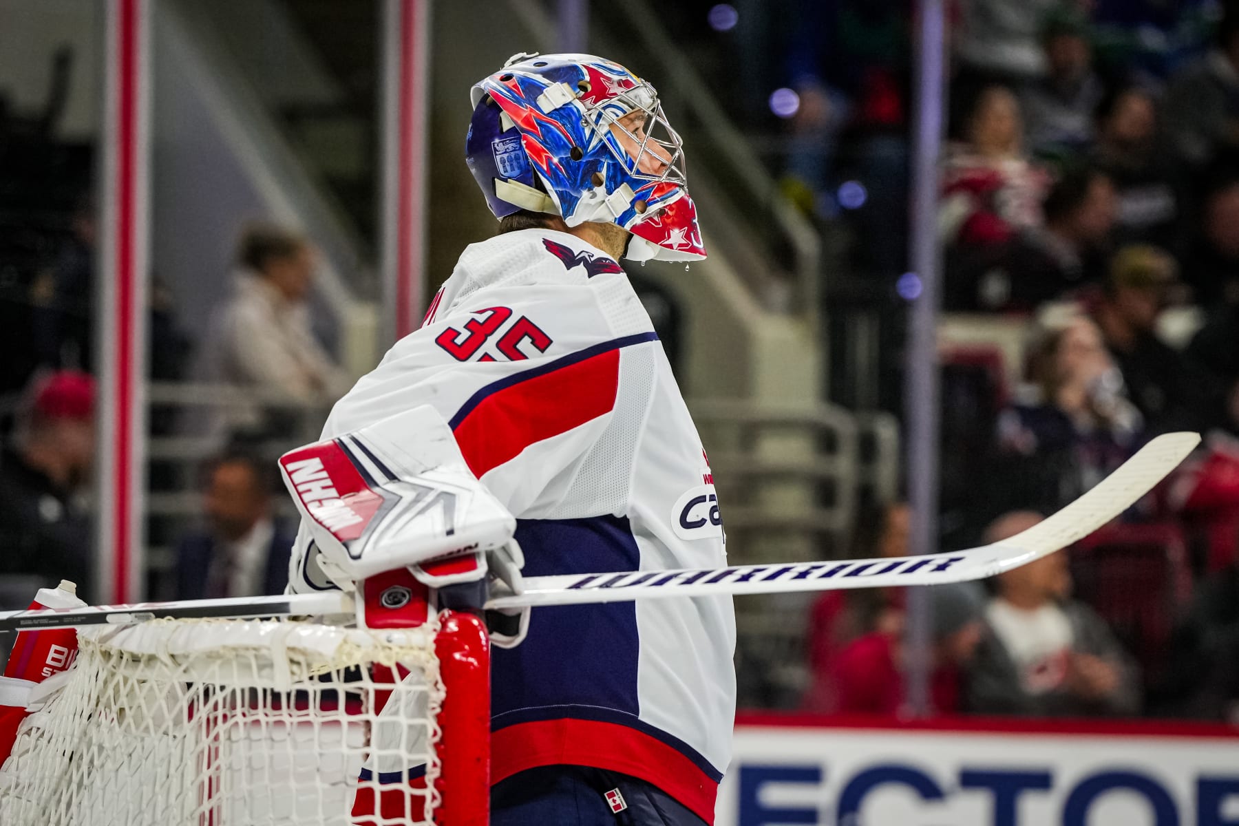 RALEIGH, NORTH CAROLINA - APRIL 05:  Darcy Kuemper #35 of the Washington Capitals looks on during the second period against the Carolina Hurricanes at PNC Arena on April 5, 2024 in Raleigh, North Carolina. (Photo by Josh Lavallee/NHLI via Getty Images)