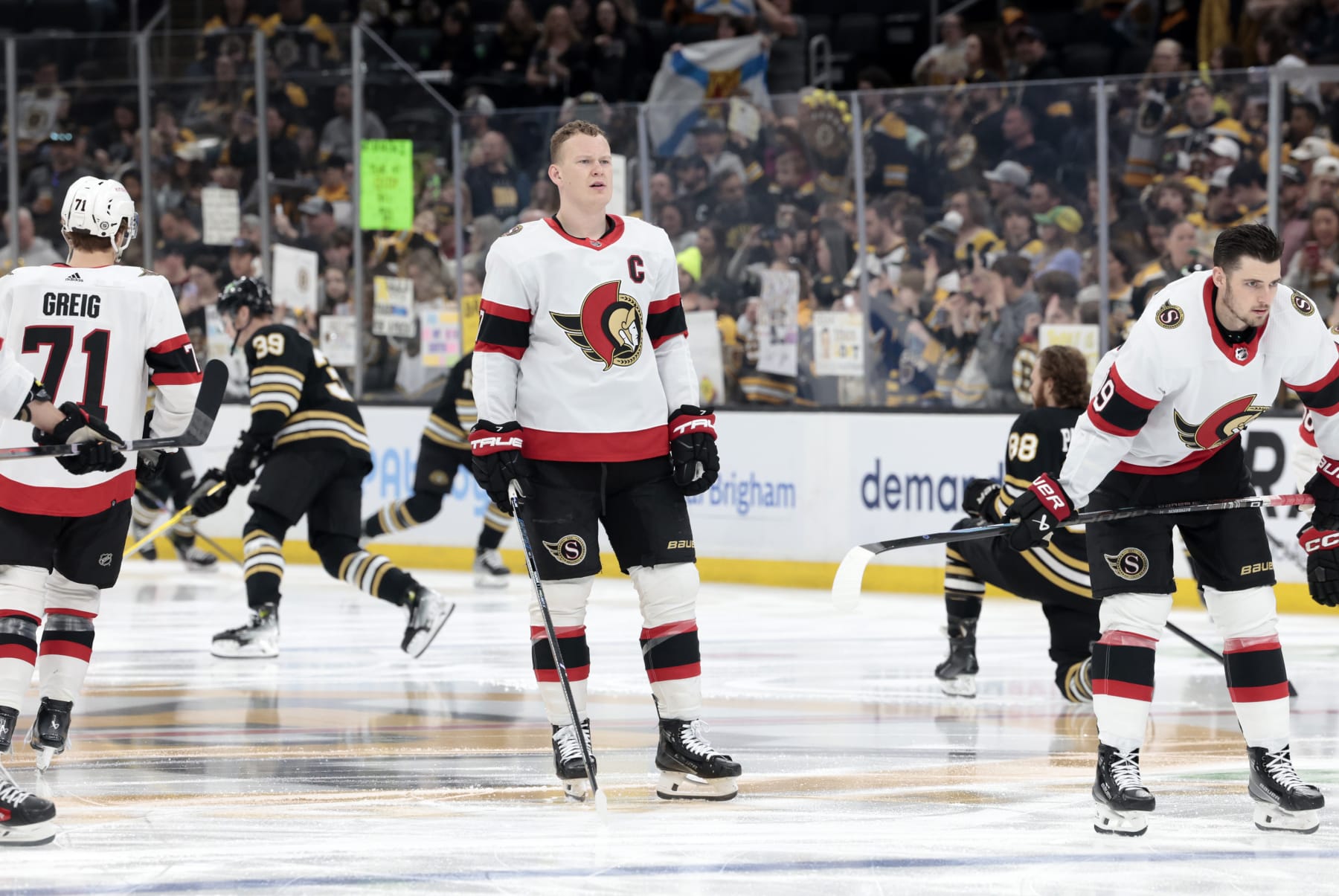 BOSTON, MA - APRIL 16: Ottawa Senators left wing Brady Tkachuk (7) looks on during warm up before a game between the Boston Bruins and the Ottawa Senators on April 16, 2024, at TD Garden in Boston, Massachusetts. (Photo by Fred Kfoury III/Icon Sportswire via Getty Images)