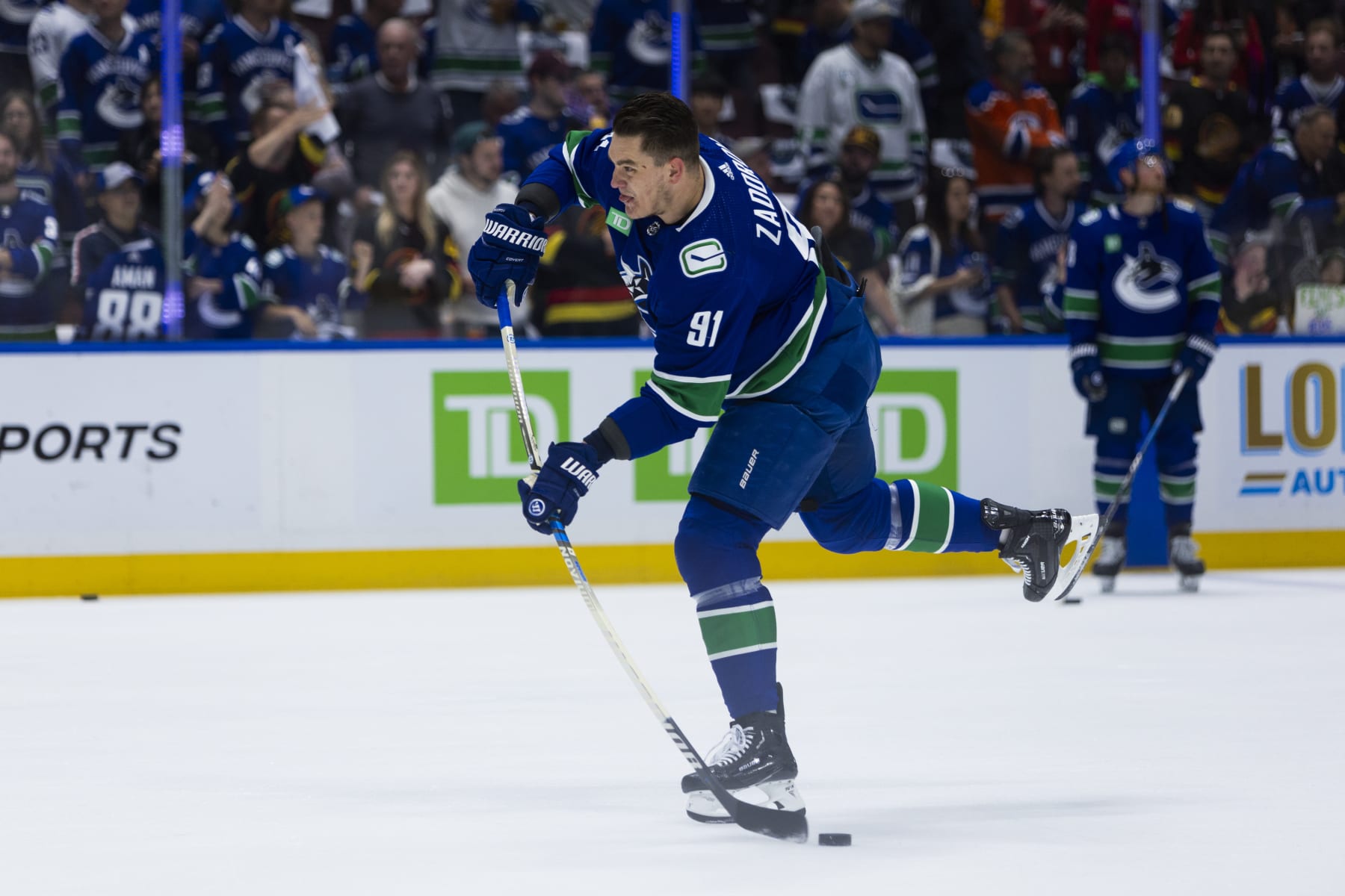 VANCOUVER, BC - MAY 20: Vancouver Canucks defenseman Nikita Zadorov (91) practices shooting 
during Game Seven of the Second Round of the 2024 Stanley Cup playoffs between the Edmonton Oilers and the Vancouver Canucks on May 20, 2024, at Rogers Arena in Vancouver, B.C. (Photo by Jamie Douglas/Icon Sportswire via Getty Images)