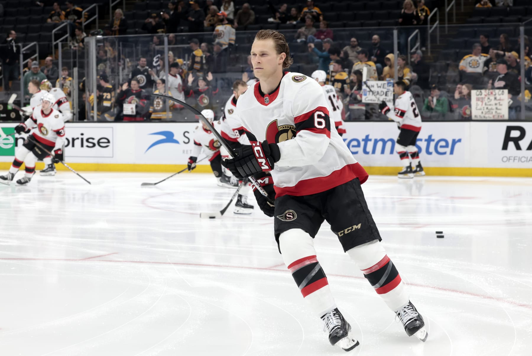 BOSTON, MA - APRIL 16: Ottawa Senators defenseman Jakob Chychrun (6) skates during warm up before a game between the Boston Bruins and the Ottawa Senators on April 16, 2024, at TD Garden in Boston, Massachusetts. (Photo by Fred Kfoury III/Icon Sportswire via Getty Images)