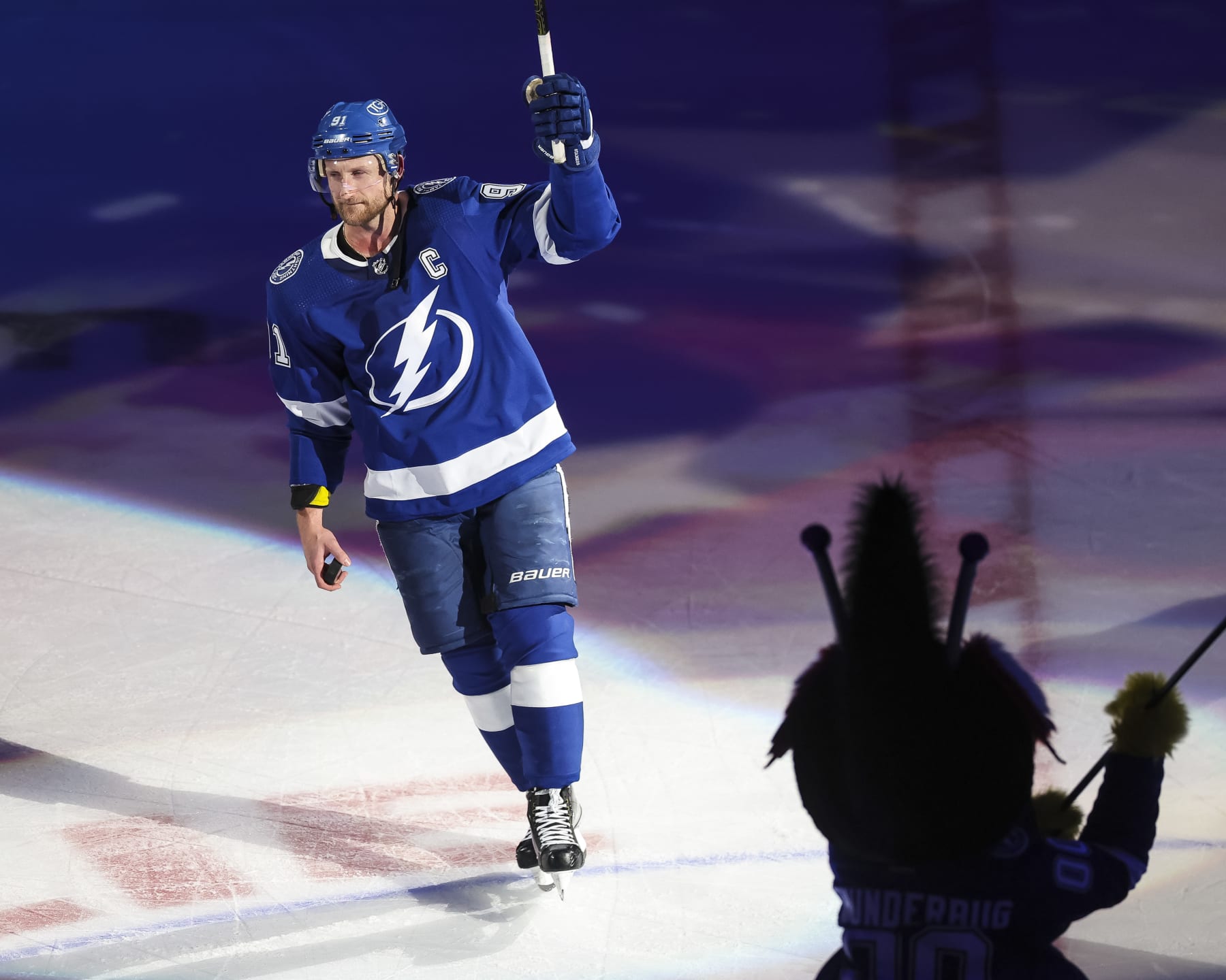 TAMPA, FL - APRIL 27: Steven Stamkos #91 of the Tampa Bay Lightning celebrates the win against the Florida Panthers in Game Four of the First Round of the 2024 Stanley Cup Playoffs at Amalie Arena on April 27, 2024 in Tampa, Florida. (Photo by Mike Carlson/NHLI via Getty Images)