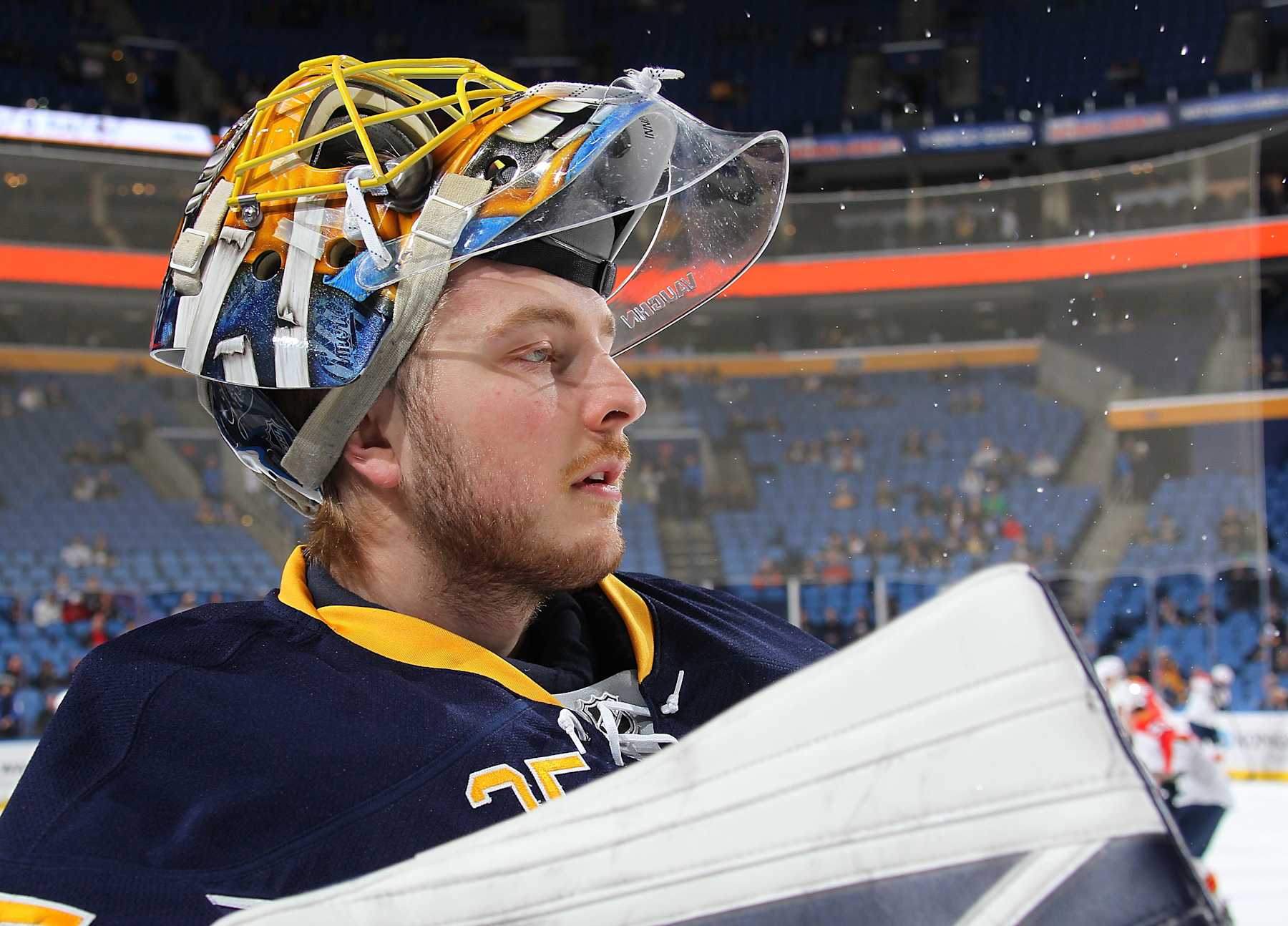 BUFFALO, NY - JANUARY 05:  Linus Ullmark #35 of the Buffalo Sabres warms up before an NHL game against the Florida Panthers on January 5, 2016 at the First Niagara Center in Buffalo, New York.  (Photo by Bill Wippert/NHLI via Getty Images)