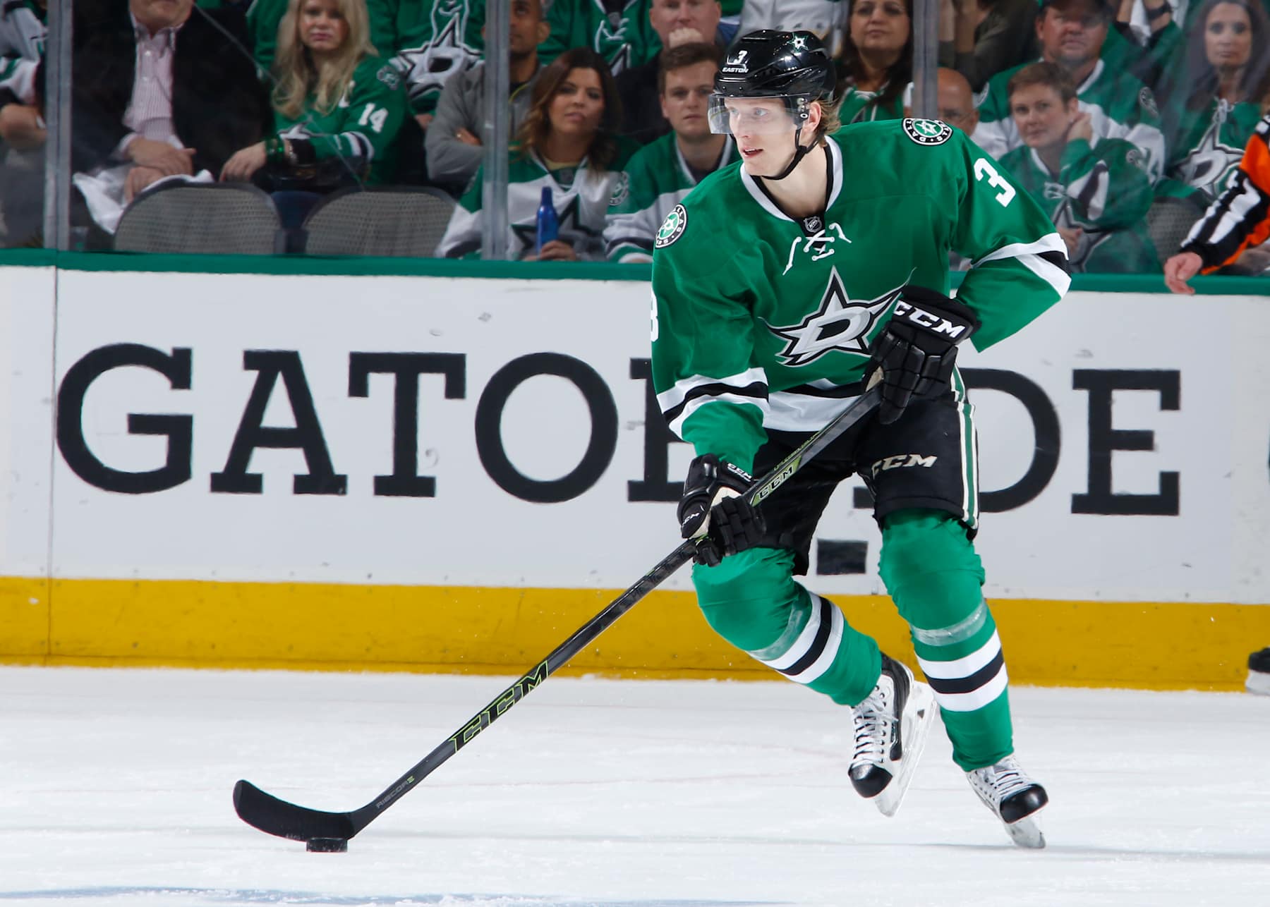 DALLAS, TX - APRIL 16: John Klingberg #3 of the Dallas Stars handles the puck against the Minnesota Wild in Game Two of the Western Conference Quarterfinals during the 2016 NHL Stanley Cup Playoffs at the American Airlines Center on April 16, 2016 in Dallas, Texas. (Photo by Glenn James/NHLI via Getty Images) 