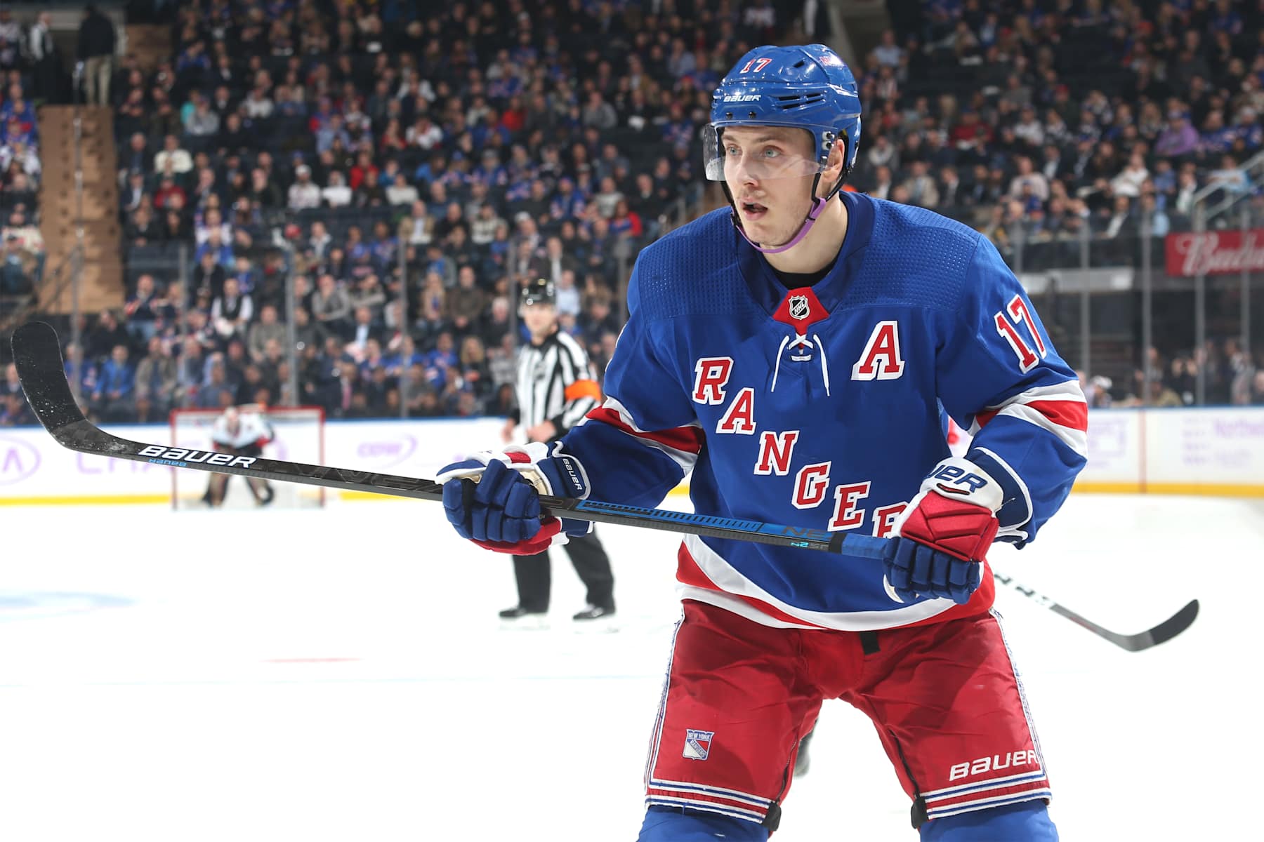 NEW YORK, NY - NOVEMBER 26:  Jesper Fast #17 of the New York Rangers skates against the Ottawa Senators at Madison Square Garden on November 26, 2018 in New York City. (Photo by Jared Silber/NHLI via Getty Images) 