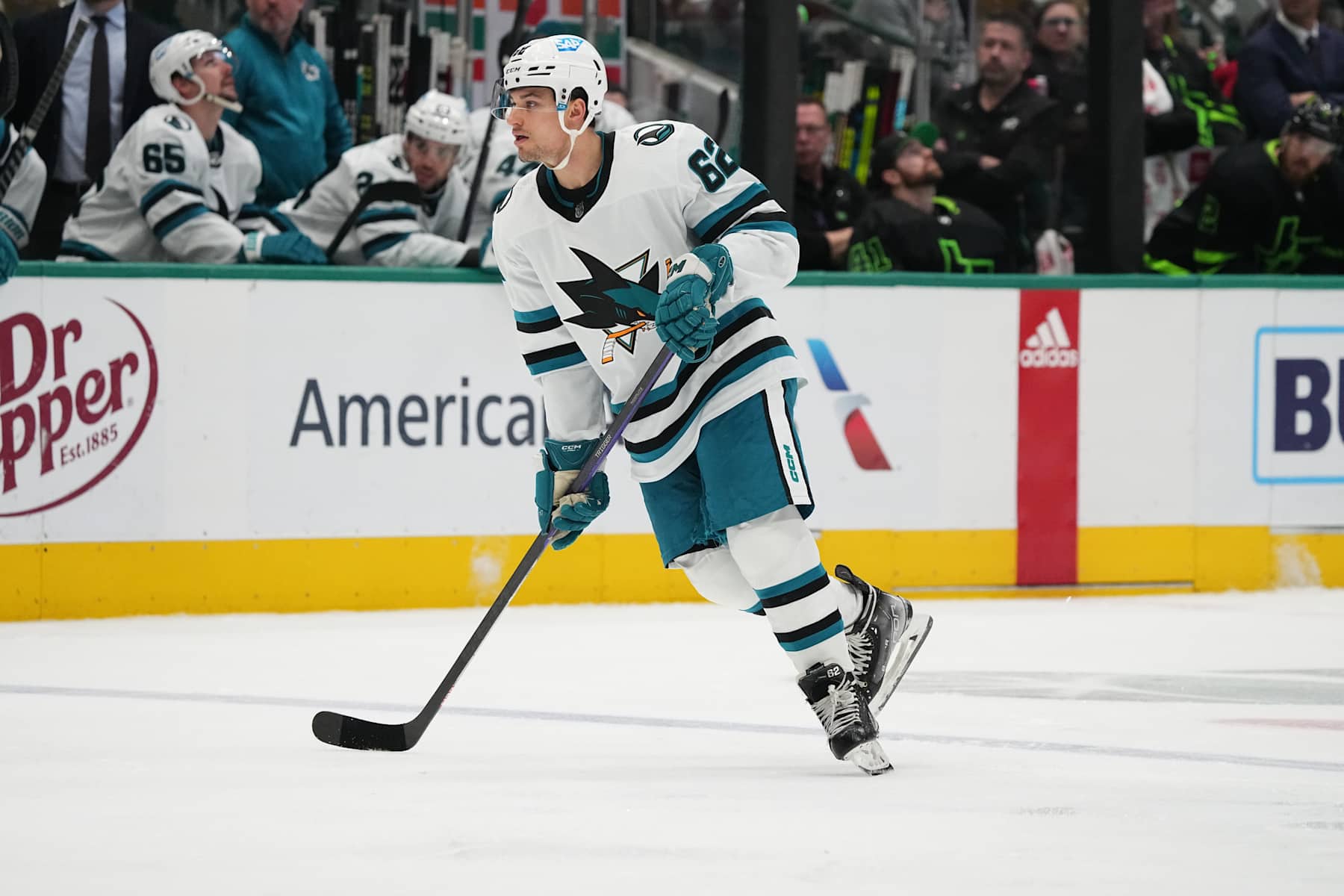 DALLAS, TX - DECEMBER 31: Kevin Labanc #62 of the San Jose Sharks skates against the Dallas Stars at the American Airlines Center on December 31, 2022 in Dallas, Texas. (Photo by Glenn James/NHLI via Getty Images)