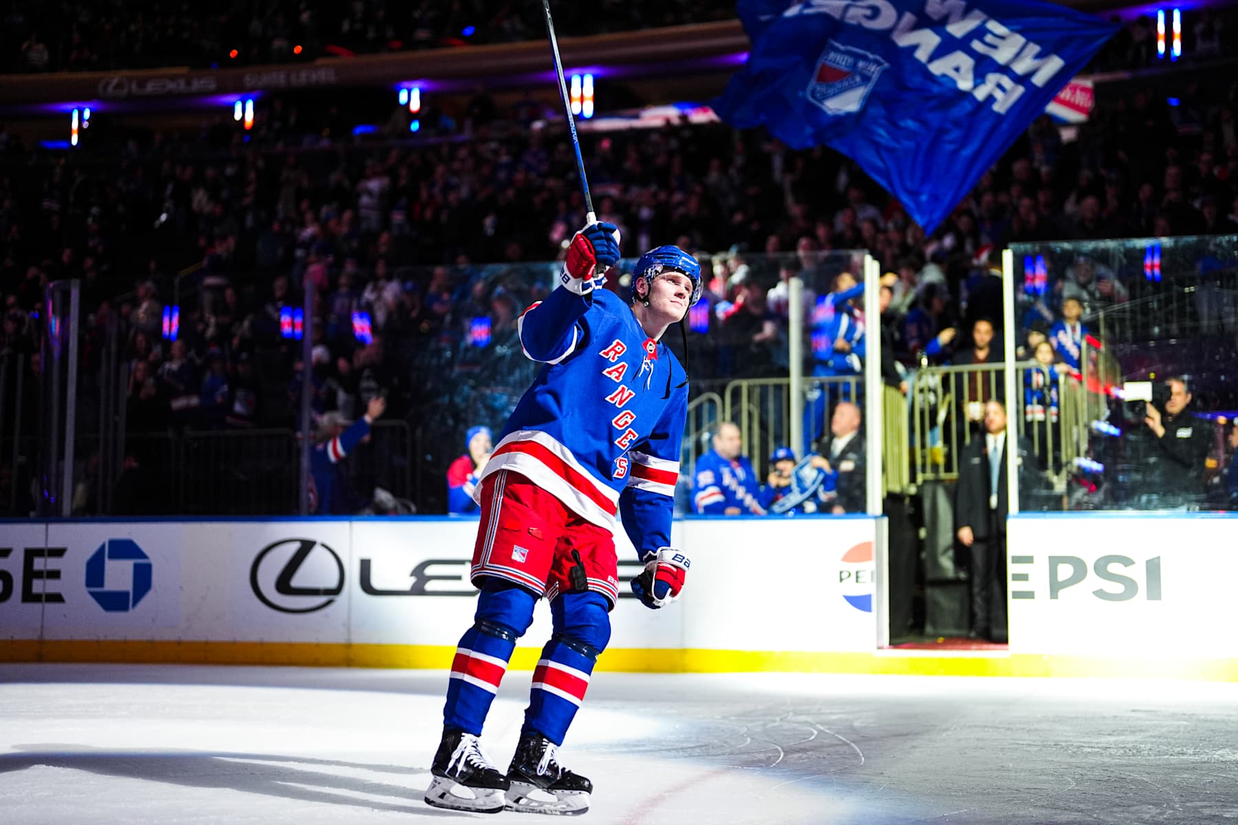 NEW YORK, NEW YORK - NOVEMBER 30:  Kaapo Kakko #24 of the New York Rangers is named first star of the game in a 4-3 win against the Montreal Canadiens at Madison Square Garden on November 30, 2024 in New York City. (Photo by Jared Silber/NHLI via Getty Images)