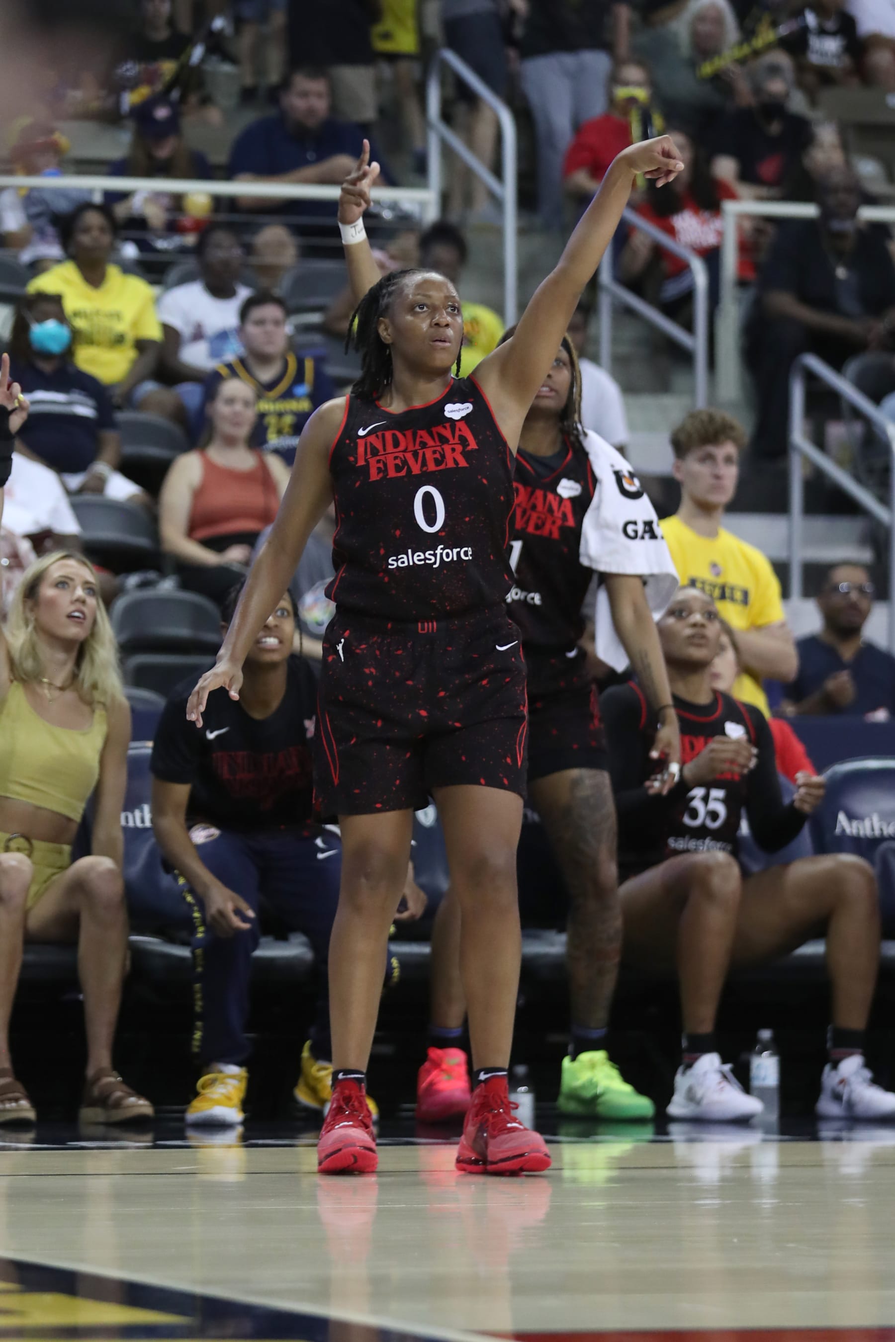 INDIANAPOLIS, IN - JULY 15: Kelsey Mitchell #0 of the Indiana Fever looks on during the game against the Minnesota Lynx on July 15, 2022 at Indiana Farmers Coliseum in Indianapolis, Indiana. NOTE TO USER: User expressly acknowledges and agrees that, by downloading and/or using this Photograph, user is consenting to the terms and conditions of the Getty Images License Agreement. Mandatory Copyright Notice: Copyright 2022 NBAE (Photo by Pepper Robinson/NBAE via Getty Images)
