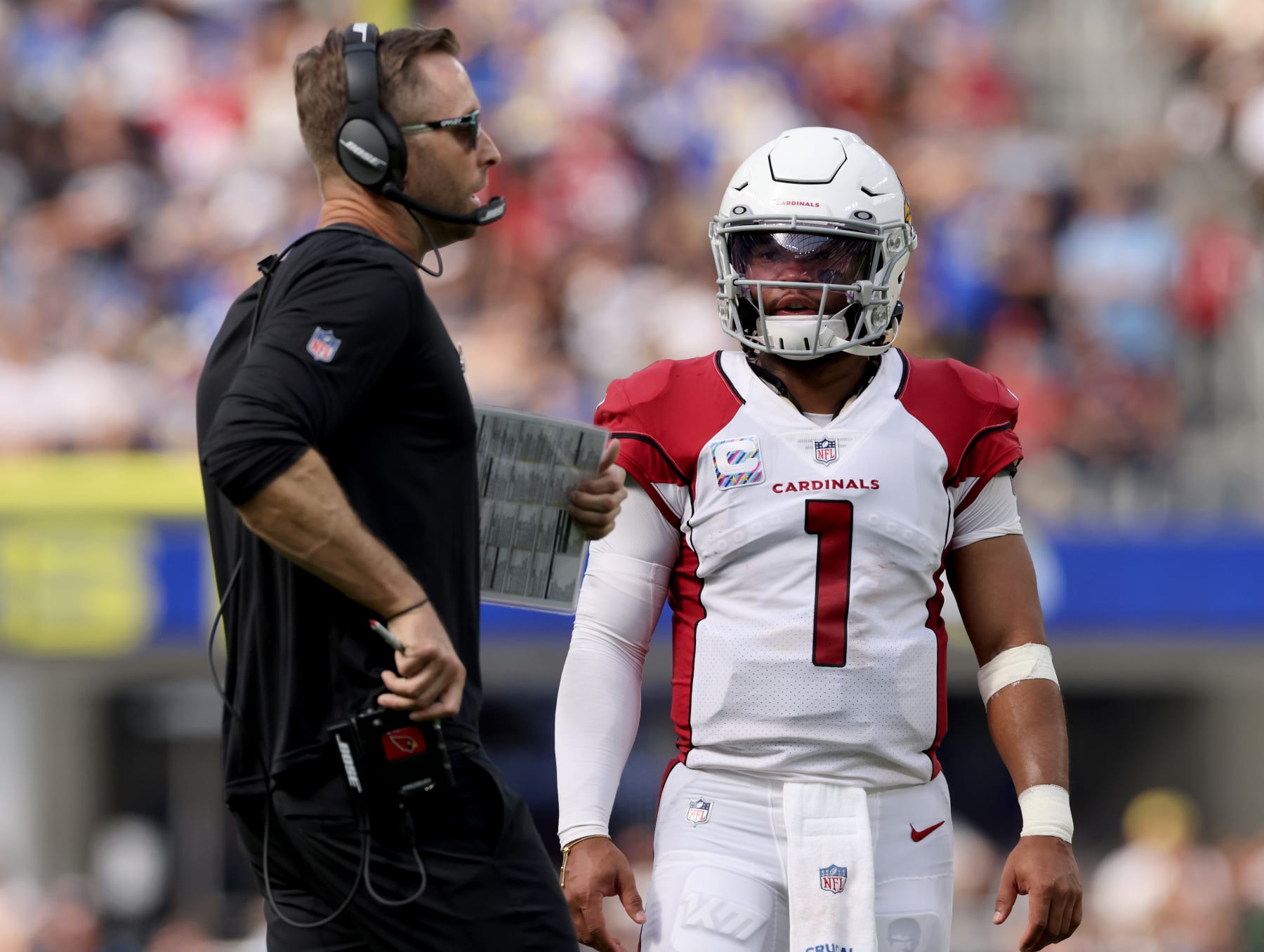 INGLEWOOD, CALIFORNIA - OCTOBER 03: Kyler Murray #1 of the Arizona Cardinals talks with head coach Kliff Kingsbury after a timeout during a 37-20 win over the Los Angeles Rams at SoFi Stadium on October 03, 2021 in Inglewood, California. (Photo by Harry How/Getty Images)