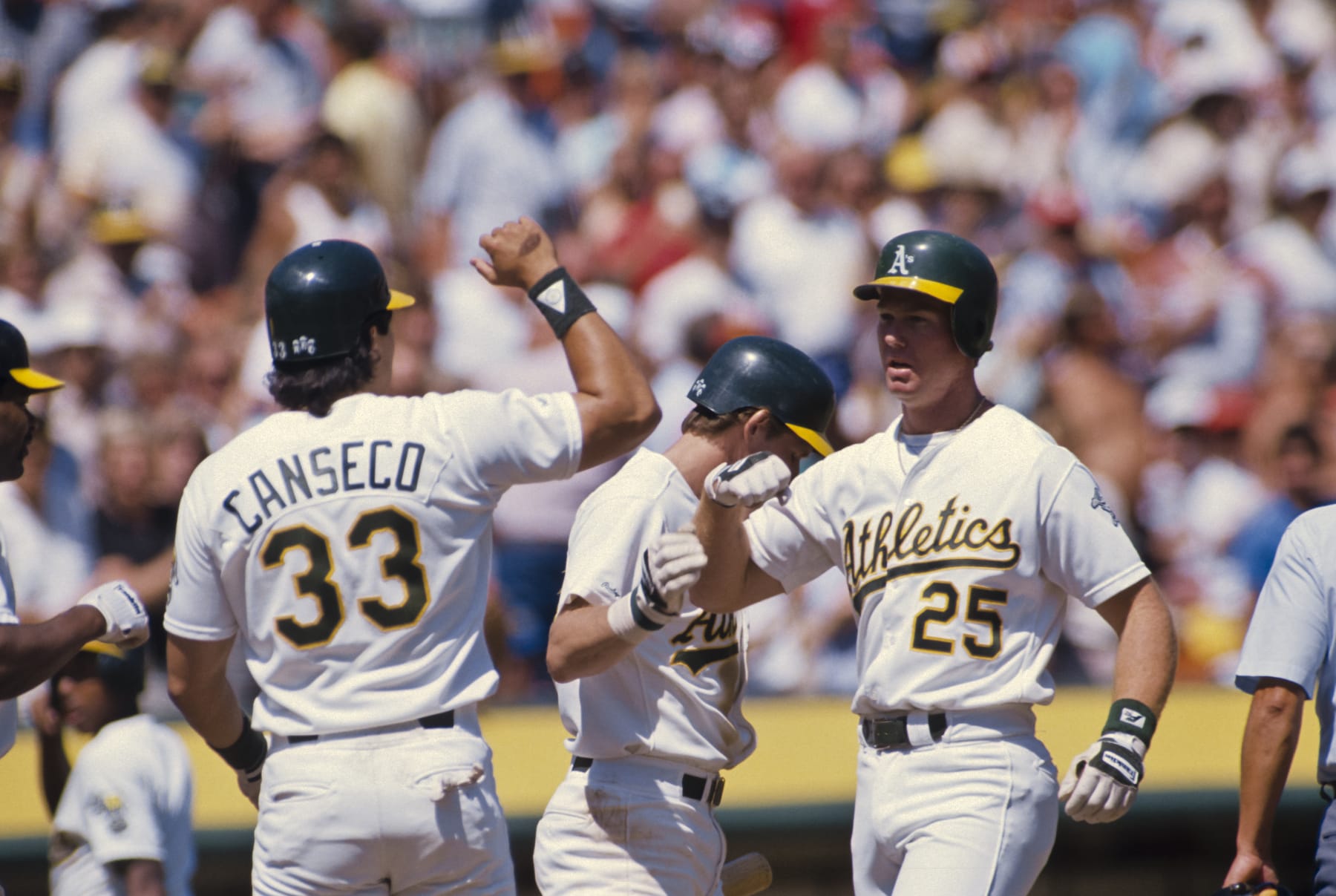 OAKLAND -  SEPTEMBER 1988:  Mark McGwire #25 and Jose Canseco #33 of the Oakland A's celebrate during a Major League Baseball game played in September 1988 at the Oakland Coliseum in Oakland, California. (Photo by David Madison/Getty Images)