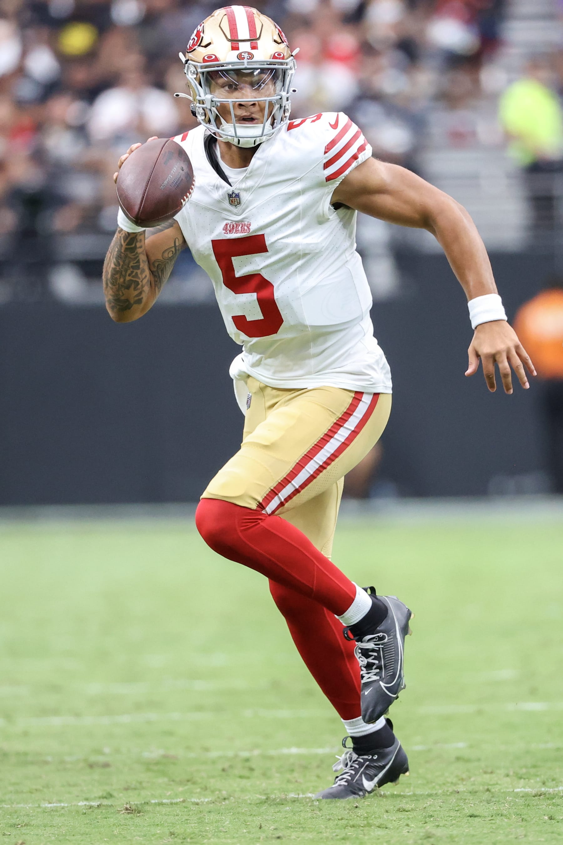 LAS VEGAS, NEVADA - AUGUST 13: Quarterback Trey Lance #5 of the San Francisco 49ers attempts a pass during the second quarter during a preseason game against the Las Vegas Raiders at Allegiant Stadium on August 13, 2023 in Las Vegas, Nevada. The Raiders won 34-7.  (Photo by Ian Maule/Getty Images)