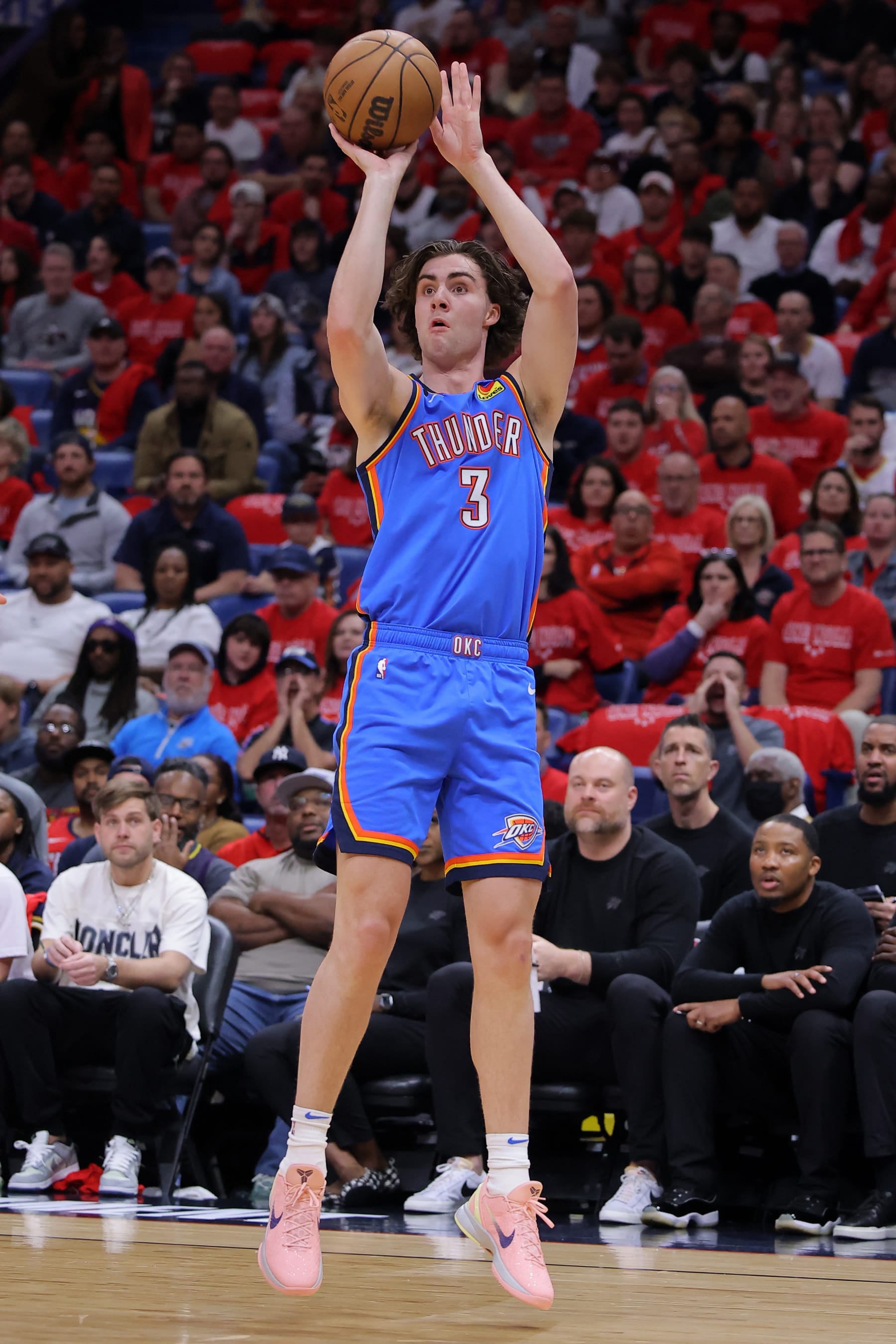 NEW ORLEANS, LOUISIANA - APRIL 12: Josh Giddey #3 of the Oklahoma City Thunder shoots against the New Orleans Pelicans during a game at the Smoothie King Center on April 12, 2023 in New Orleans, Louisiana. NOTE TO USER: User expressly acknowledges and agrees that, by downloading and or using this Photograph, user is consenting to the terms and conditions of the Getty Images License Agreement. (Photo by Jonathan Bachman/Getty Images)