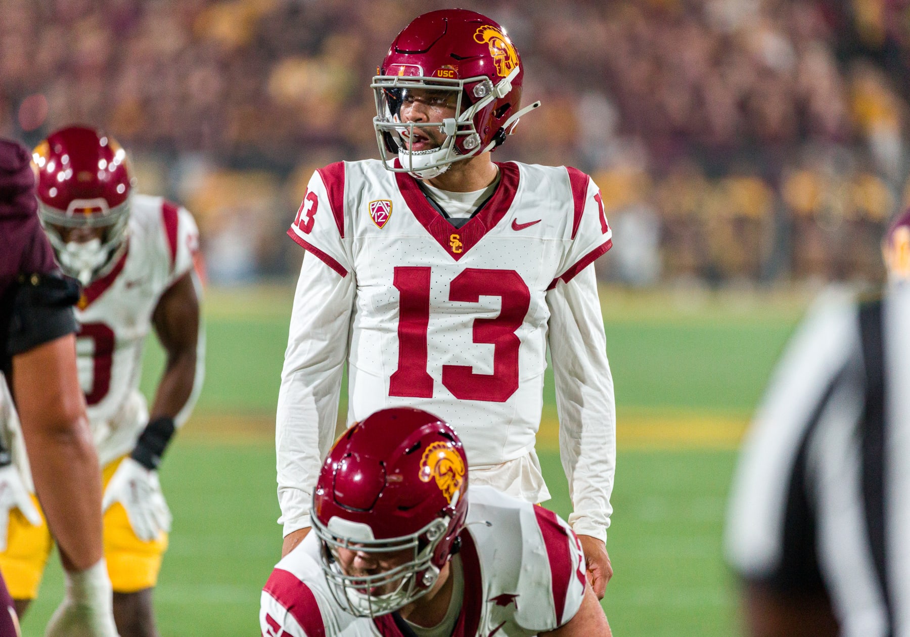 TEMPE, AZ - SEPTEMBER 23: USC Trojans quarterback Caleb Williams (13) prepares for a play during the NCAA College Football game between the USC Trojans and Arizona State Sun Devils on Saturday, September 23, 2023 at Mountain America Stadium in Tempe, Arizona. (Photo by Adam Bow/Icon Sportswire via Getty Images)
