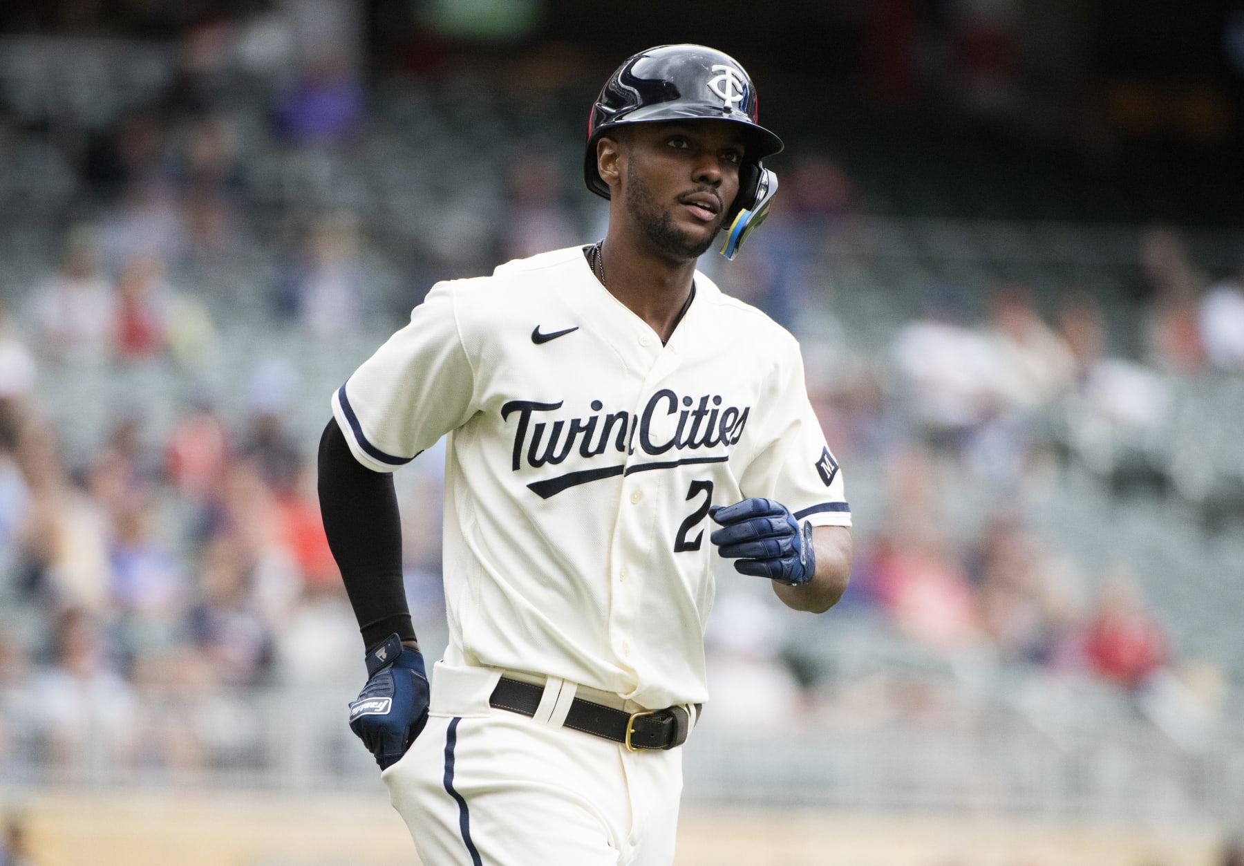 MINNEAPOLIS, MINNESOTA - SEPTEMBER 28: Michael A. Taylor #2 of the Minnesota Twins draws a walk in the fifth inning of the game against the Oakland Athletics at Target Field on September 28, 2023 in Minneapolis, Minnesota. (Photo by Stephen Maturen/Getty Images)