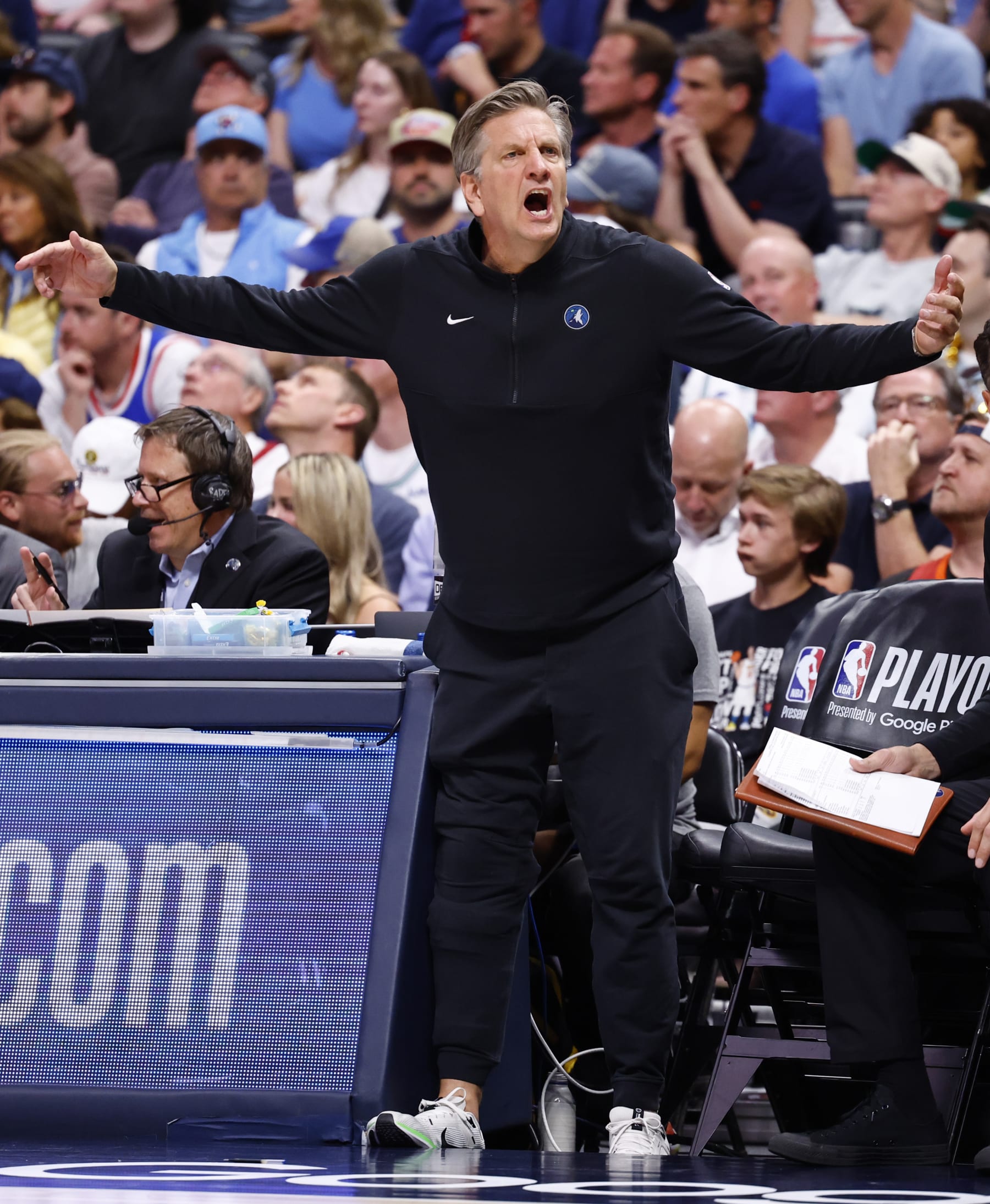 DENVER, COLORADO - MAY 19: Minnesota Timberwolves head coach Chris Finch reacts during the third quarter against the Denver Nuggets in Game Seven of the Western Conference Second Round Playoffs at Ball Arena on May 19, 2024 in Denver, Colorado. NOTE TO USER: User expressly acknowledges and agrees that, by downloading and or using this photograph, User is consenting to the terms and conditions of the Getty Images License Agreement. (Photo by C. Morgan Engel/Getty Images)