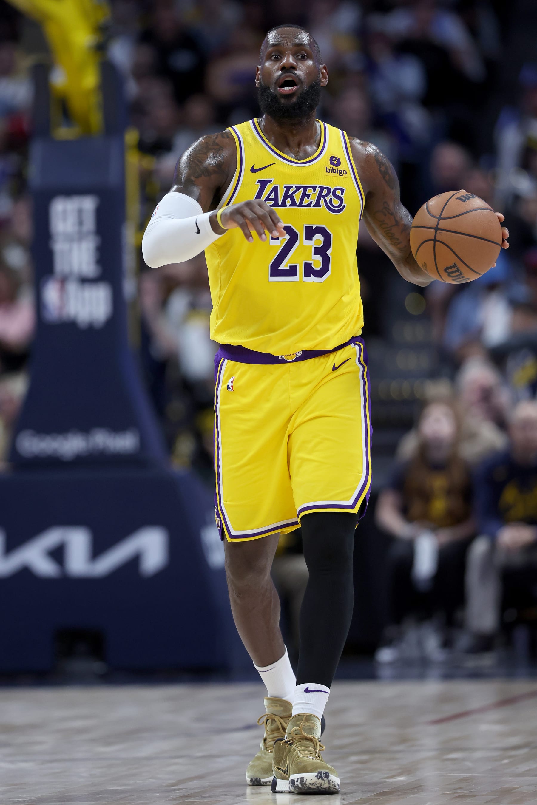 DENVER, COLORADO - APRIL 29: LeBron James #23 of the Los Angeles Lakers brings the ball down the court against the Denver Nuggets in the third quarter during game five of the Western Conference First Round Playoffs at Ball Arena on April 29, 2024 in Denver, Colorado. NOTE TO USER: User expressly acknowledges and agrees that, by downloading and or using this photograph, User is consenting to the terms and conditions of the Getty Images License Agreement.  (Photo by Matthew Stockman/Getty Images)