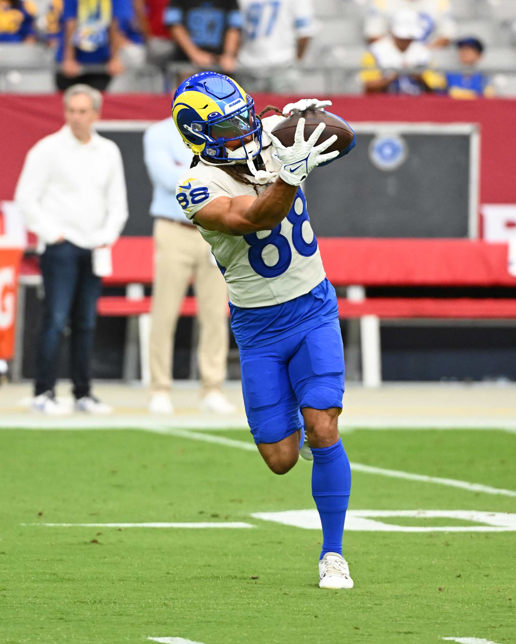 GLENDALE, ARIZONA - SEPTEMBER 15: Jordan Whittington #88 of the Los Angeles Rams prepares for a game against the Arizona Cardinals at State Farm Stadium on September 15, 2024 in Glendale, Arizona. (Photo by Norm Hall/Getty Images)