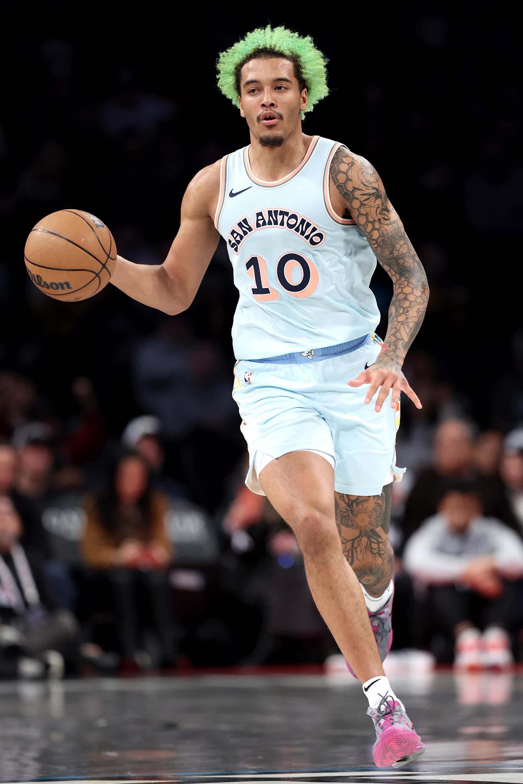 NEW YORK, NEW YORK - DECEMBER 27: Jeremy Sochan #10 of the San Antonio Spurs in action against the Brooklyn Nets at Barclays Center on December 27, 2024 in New York City. NOTE TO USER: User expressly acknowledges and agrees that, by downloading and or using this photograph, User is consenting to the terms and conditions of the Getty Images License Agreement.  (Photo by Luke Hales/Getty Images)