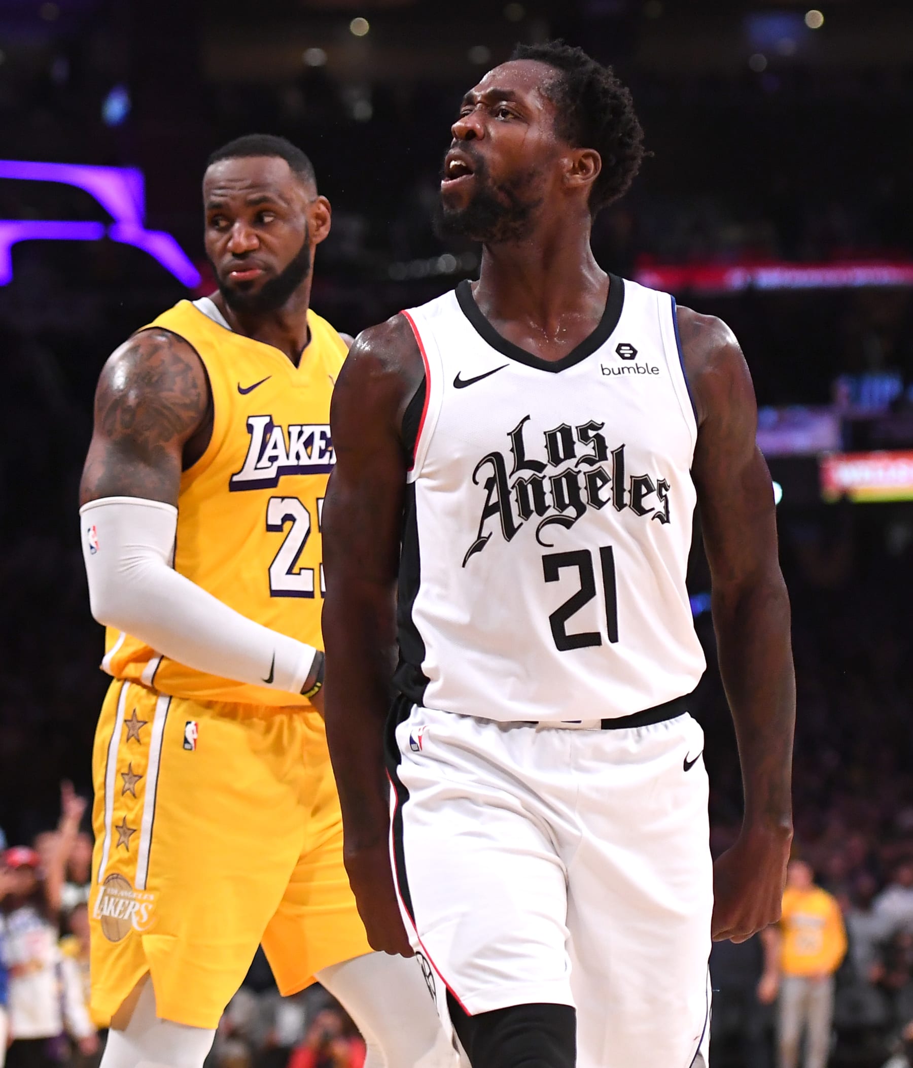 LOS ANGELES, CA - DECEMBER 25: Patrick Beverley #21 of the Los Angeles Clippers looks at the crowd after he blocked a shot by LeBron James #23 of the Los Angeles Lakers in the second half of the game at Staples Center on December 25, 2019 in Los Angeles, California. NOTE TO USER: User expressly acknowledges and agrees that, by downloading and/or using this Photograph, user is consenting to the terms and conditions of the Getty Images License Agreement. (Photo by Jayne Kamin-Oncea/Getty Images)
