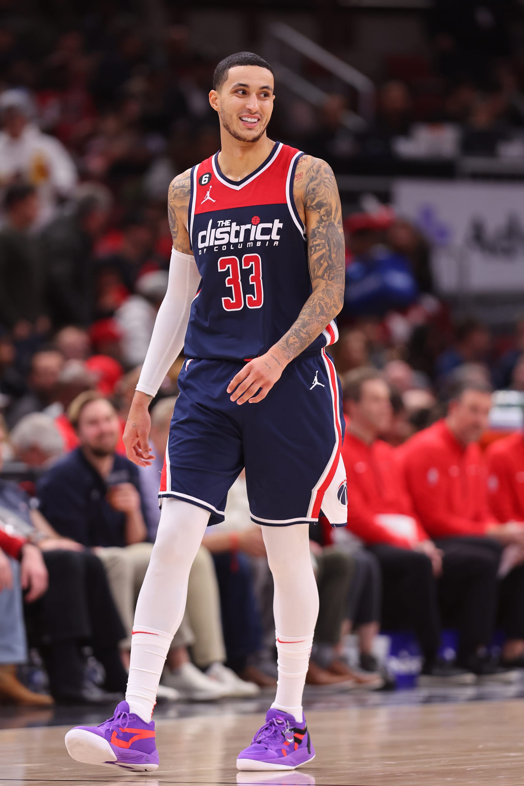 CHICAGO, ILLINOIS - DECEMBER 07: Kyle Kuzma #33 of the Washington Wizards reacts against the Chicago Bulls during the second half at United Center on December 07, 2022 in Chicago, Illinois. NOTE TO USER: User expressly acknowledges and agrees that, by downloading and or using this photograph, User is consenting to the terms and conditions of the Getty Images License Agreement.  (Photo by Michael Reaves/Getty Images)