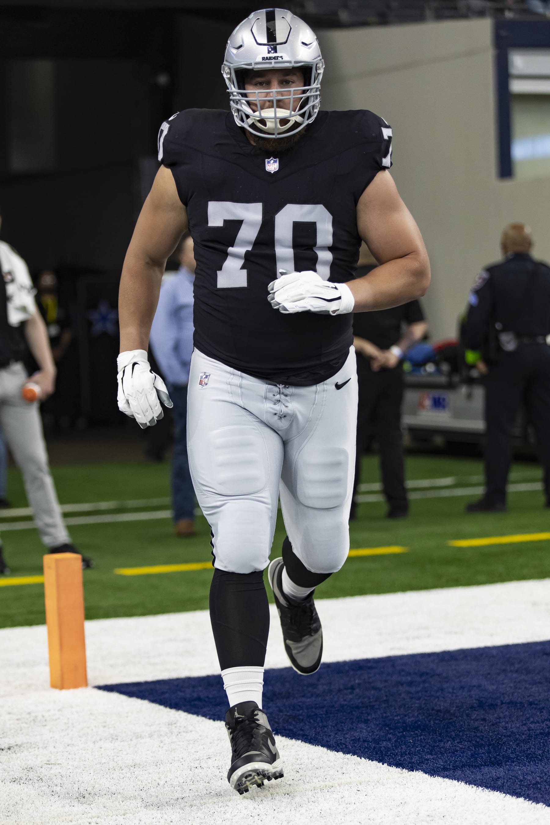 Las Vegas Raiders guard Greg Van Roten (70) is seen during warm ups before an NFL preseason football game against the Dallas Cowboys, Saturday, Aug. 26, 2023, in Arlington, Texas. Dallas won 31-16. (AP Photo/Brandon Wade)