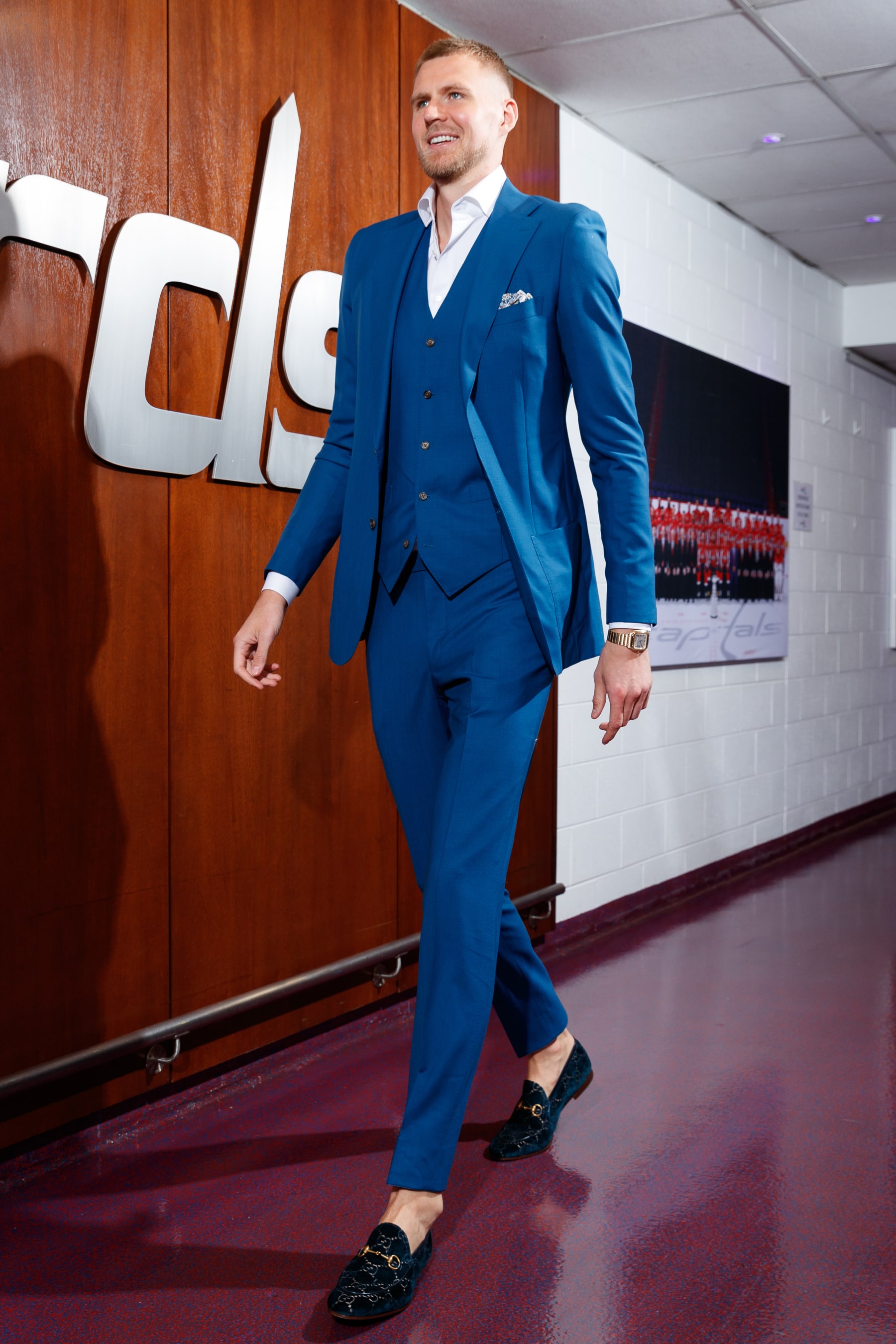 WASHINGTON, DC -  MARCH 10: Kristaps Porzingis #6 of the Washington Wizards arrives to the arena prior to the game against the Atlanta Hawks on March 10, 2023 at Capital One Arena in Washington, DC. NOTE TO USER: User expressly acknowledges and agrees that, by downloading and or using this Photograph, user is consenting to the terms and conditions of the Getty Images License Agreement. Mandatory Copyright Notice: Copyright 2023 NBAE (Photo by Kenny Giarla/NBAE via Getty Images)