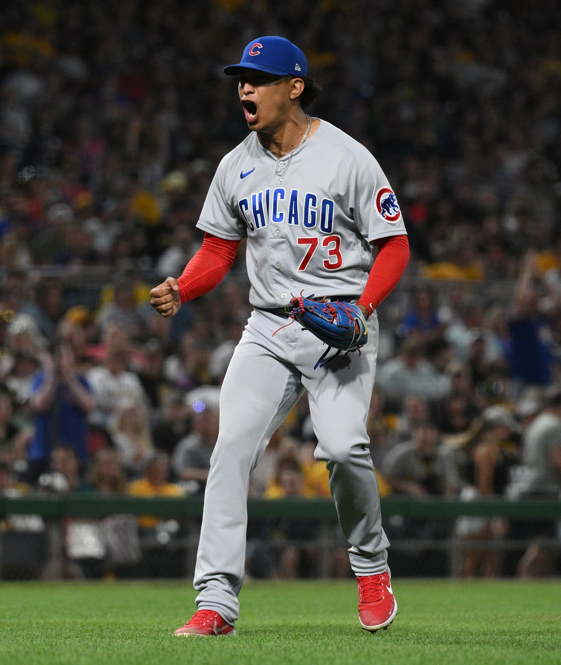 PITTSBURGH, PENNSYLVANIA - AUGUST 26: Adbert Alzolay #73 of the Chicago Cubs reacts after the final out in a 10-6 win over the Pittsburgh Pirates during the game at PNC Park on August 26, 2023 in Pittsburgh, Pennsylvania. (Photo by Justin Berl/Getty Images)