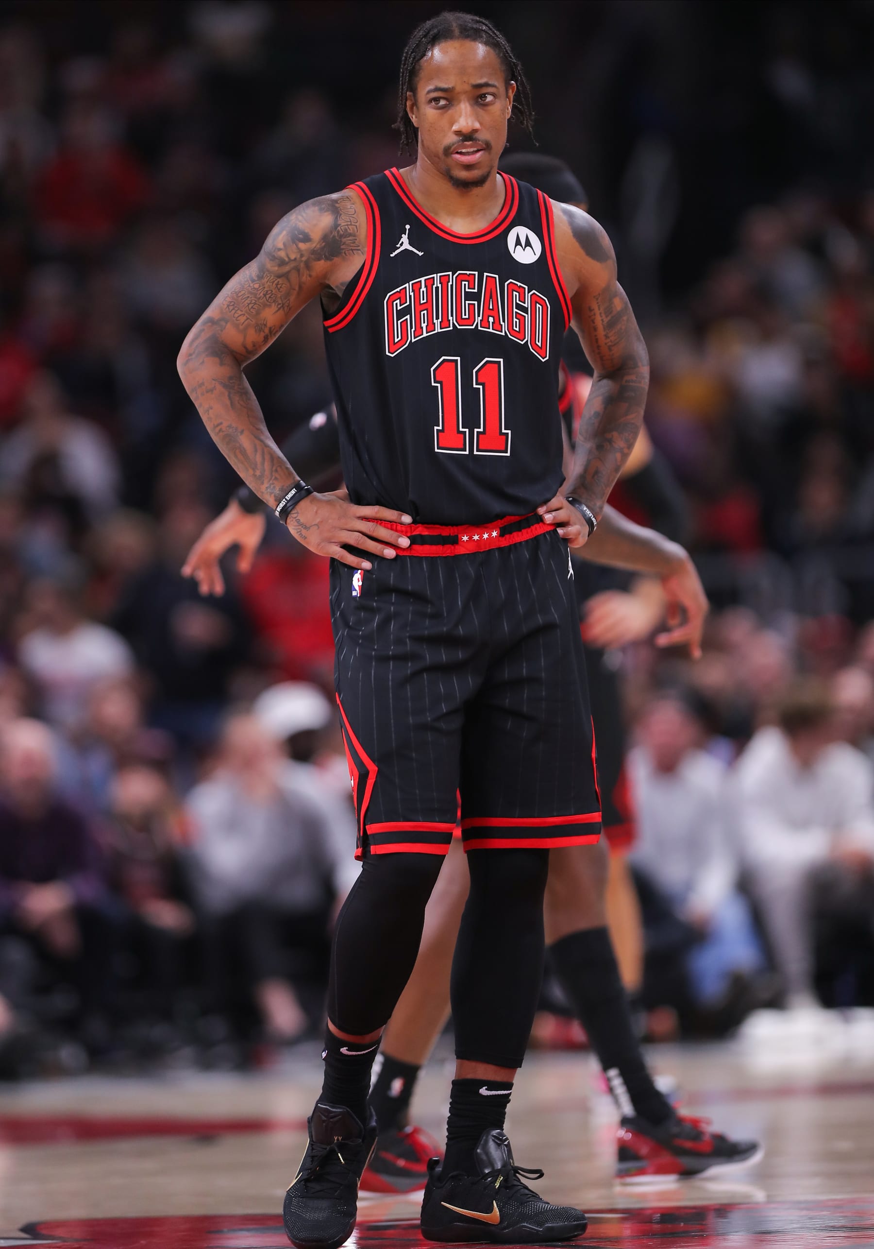 CHICAGO, IL - NOVEMBER 08: DeMar DeRozan #11 of the Chicago Bulls looks on during a game against the Phoenix Suns at the United Center on November 8, 2023 in Chicago, Illinois. (Photo by Melissa Tamez/Icon Sportswire via Getty Images)