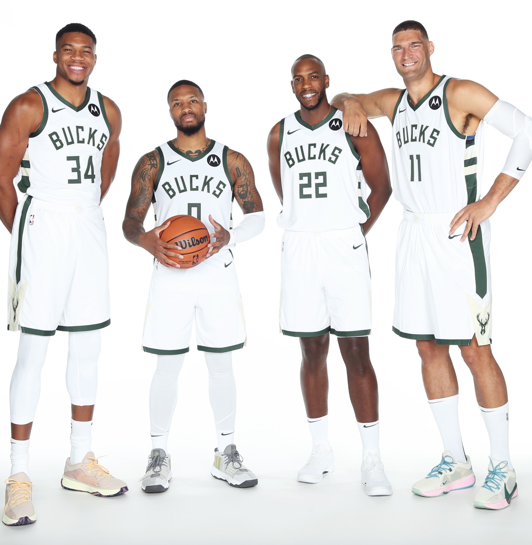 MILWAUKEE, WI - OCTOBER 02: Giannis Antetokounmpo #34, Damian Lillard #0, Khris Middleton #22, and Brook Lopez #11 of the Milwaukee Bucks pose for a portrait during 2023-24 NBA Media Day on October 02, 2023 at the Froedtert & Medical Science of Wisconsin Sports Science Center in Milwaukee, Wisconsin. NOTE TO USER: User expressly acknowledges and agrees that, by downloading and or using this Photograph, user is consenting to the terms and conditions of the Getty Images License Agreement. Mandatory Copyright Notice: Copyright 2023 NBAE (Photo by Gary Dineen/NBAE via Getty Images)