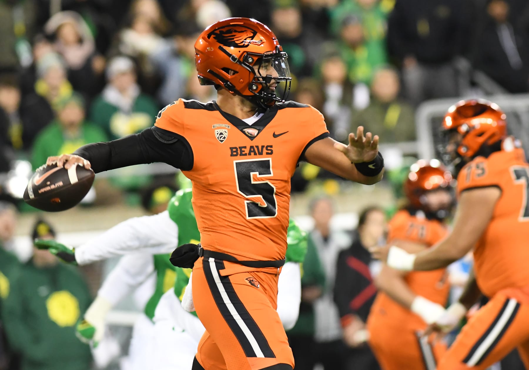 EUGENE, OR - NOVEMBER 24: Oregon State Beavers quarterback DJ Uiagalelei (5) passes the ball during a college football game between the Oregon Ducks and Oregon State Beavers on November 24, 2023, at Autzen Stadium in Eugene, Oregon. (Photo by Brian Murphy/Icon Sportswire via Getty Images)