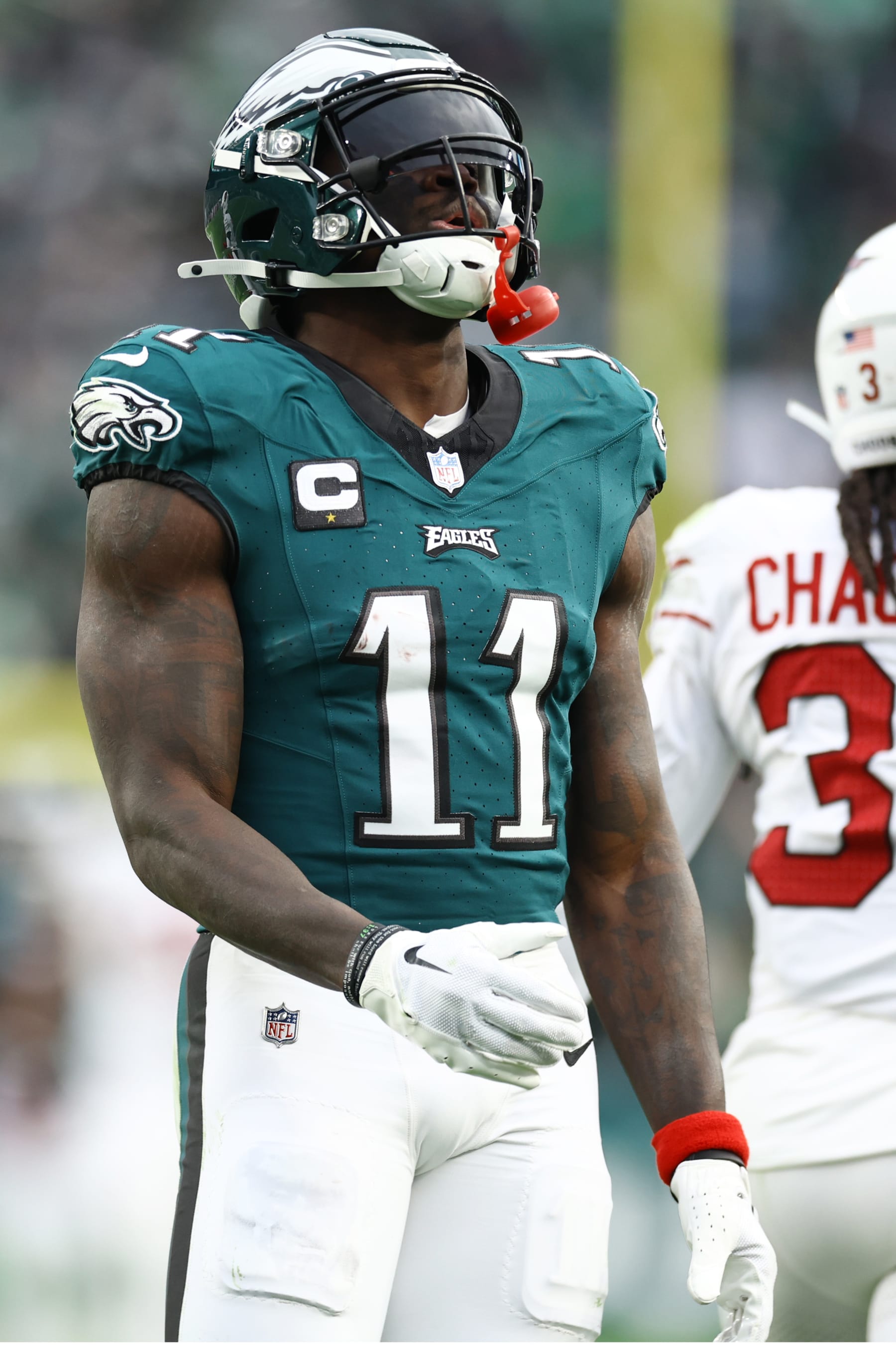 PHILADELPHIA, PENNSYLVANIA - DECEMBER 31: A.J. Brown #11 of the Philadelphia Eagles reacts during the fourth quarter against the Arizona Cardinals at Lincoln Financial Field on December 31, 2023 in Philadelphia, Pennsylvania. (Photo by Tim Nwachukwu/Getty Images)
