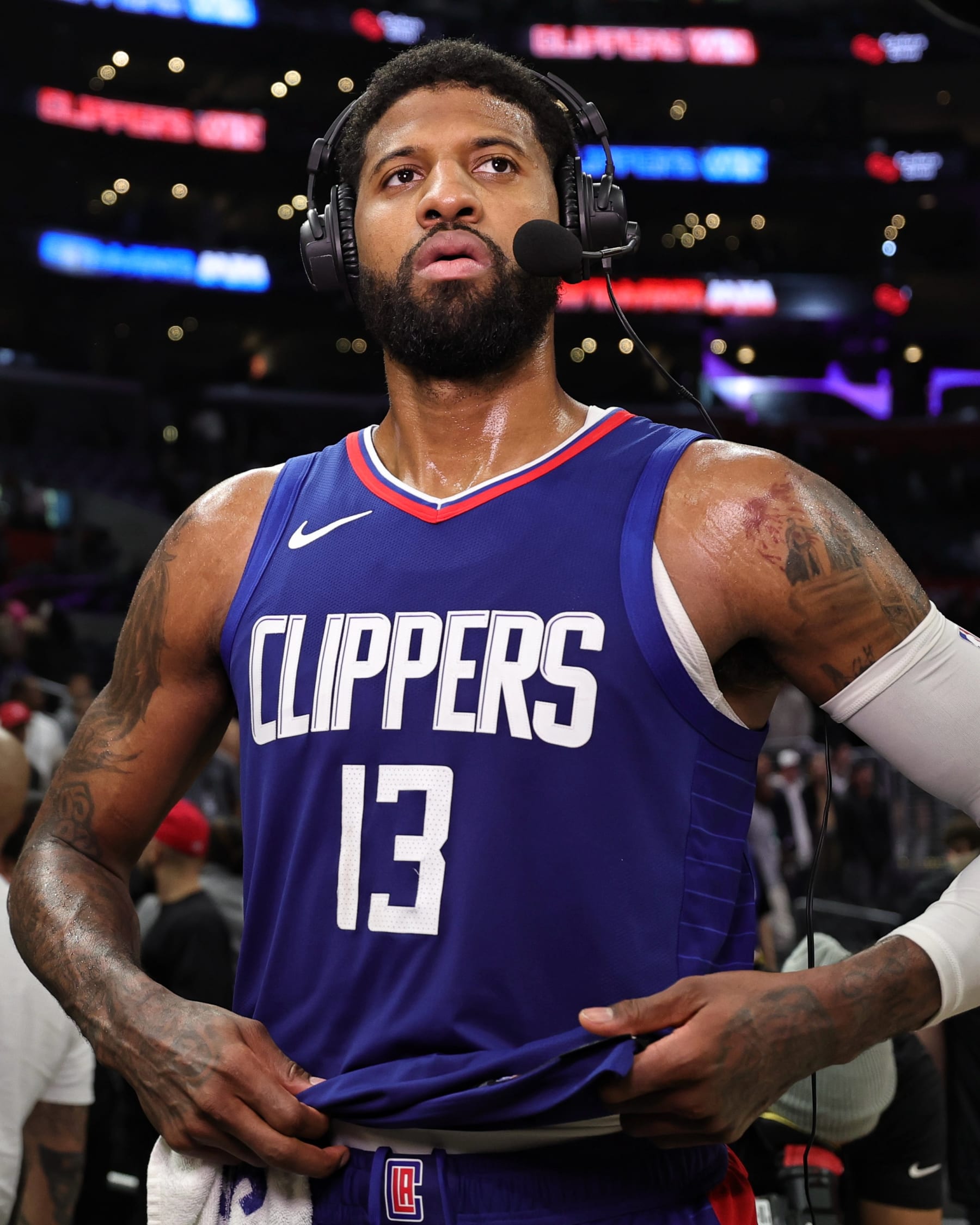 LOS ANGELES, CA - JANUARY 16: Paul George #13 of the LA Clippers talks to the media after the game against the Oklahoma City Thunder on January 16, 2024 at Crypto.Com Arena in Los Angeles, California. NOTE TO USER: User expressly acknowledges and agrees that, by downloading and/or using this Photograph, user is consenting to the terms and conditions of the Getty Images License Agreement. Mandatory Copyright Notice: Copyright 2024 NBAE (Photo by Jim Poorten/NBAE via Getty Images)