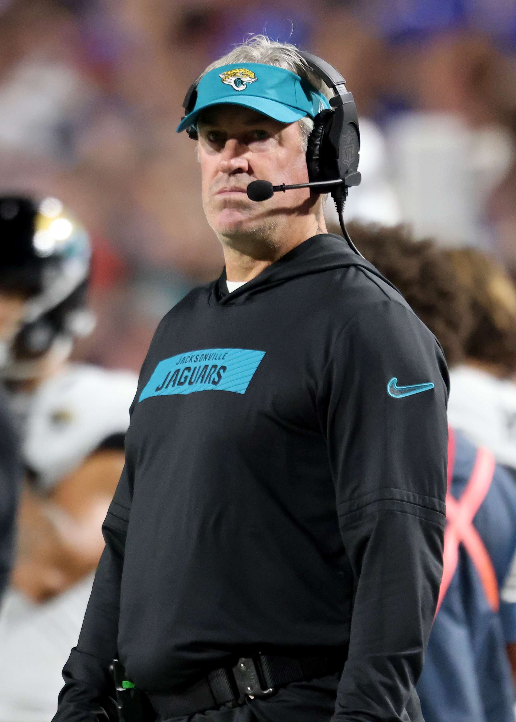 ORCHARD PARK, NEW YORK - SEPTEMBER 23: Head coach Doug Pederson of the Jacksonville Jaguars looks on during the first quarter against the Buffalo Bills at Highmark Stadium on September 23, 2024 in Orchard Park, New York. (Photo by Bryan M. Bennett/Getty Images)