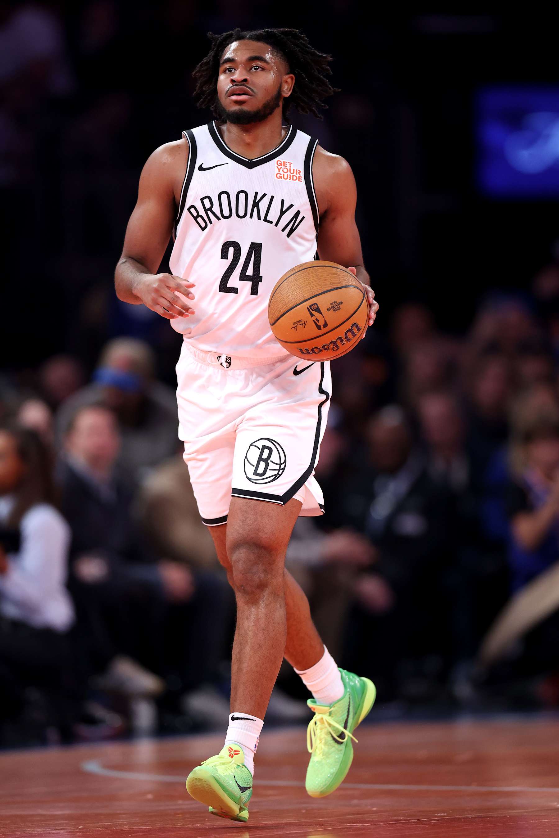 NEW YORK, NEW YORK - NOVEMBER 15: Cam Thomas #24 of the Brooklyn Nets dribbles the ball against the New York Knicks during the first quarter at Madison Square Garden on November 15, 2024 in New York City. NOTE TO USER: User expressly acknowledges and agrees that, by downloading and or using this photograph, User is consenting to the terms and conditions of the Getty Images License Agreement. (Photo by Luke Hales/Getty Images)