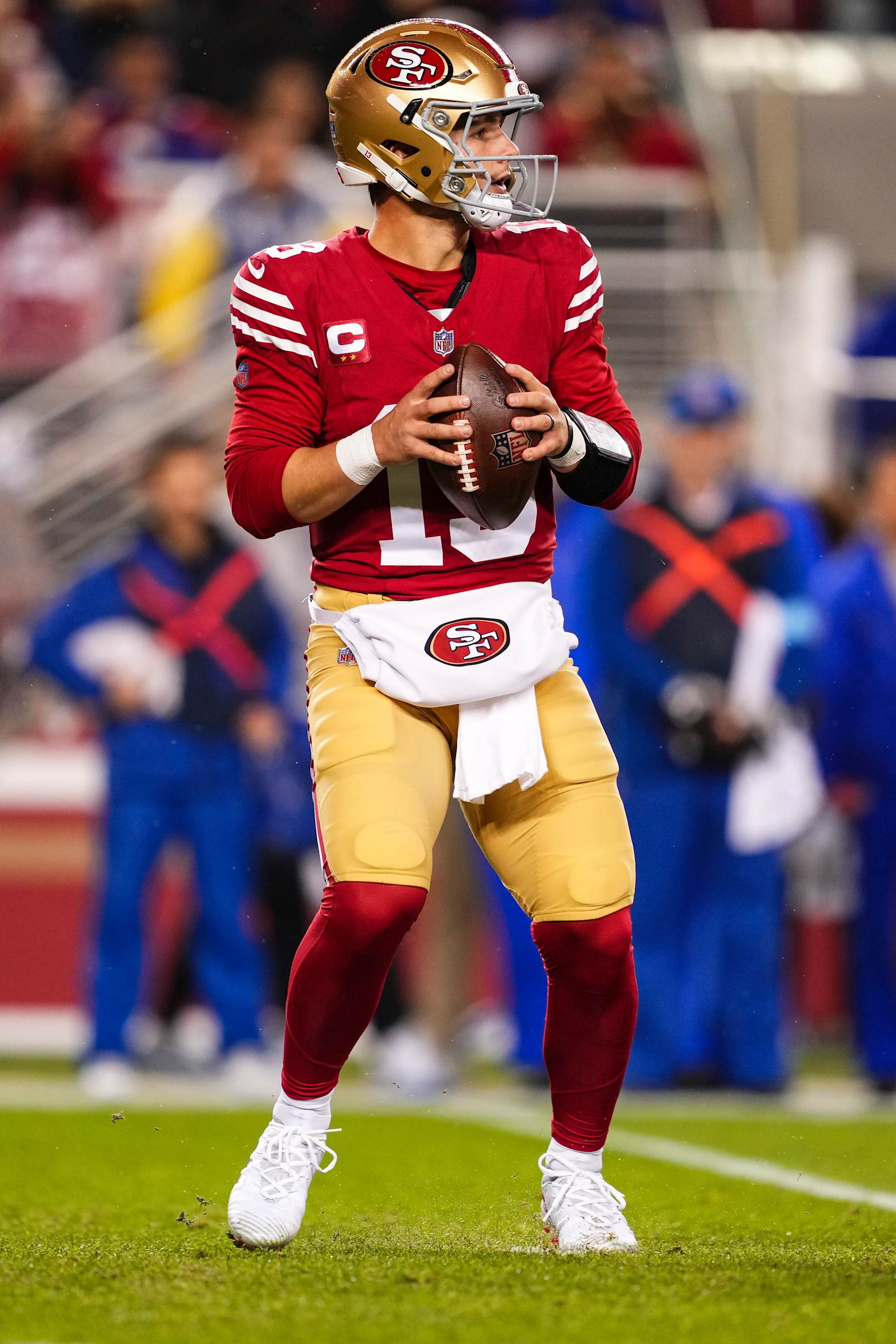 SANTA CLARA, CA - DECEMBER 12: Brock Purdy #13 of the San Francisco 49ers drops back to pass during an NFL football game against the Los Angeles Rams at Levi's Stadium on December 12, 2024 in Santa Clara, California. (Photo by Cooper Neill/Getty Images)