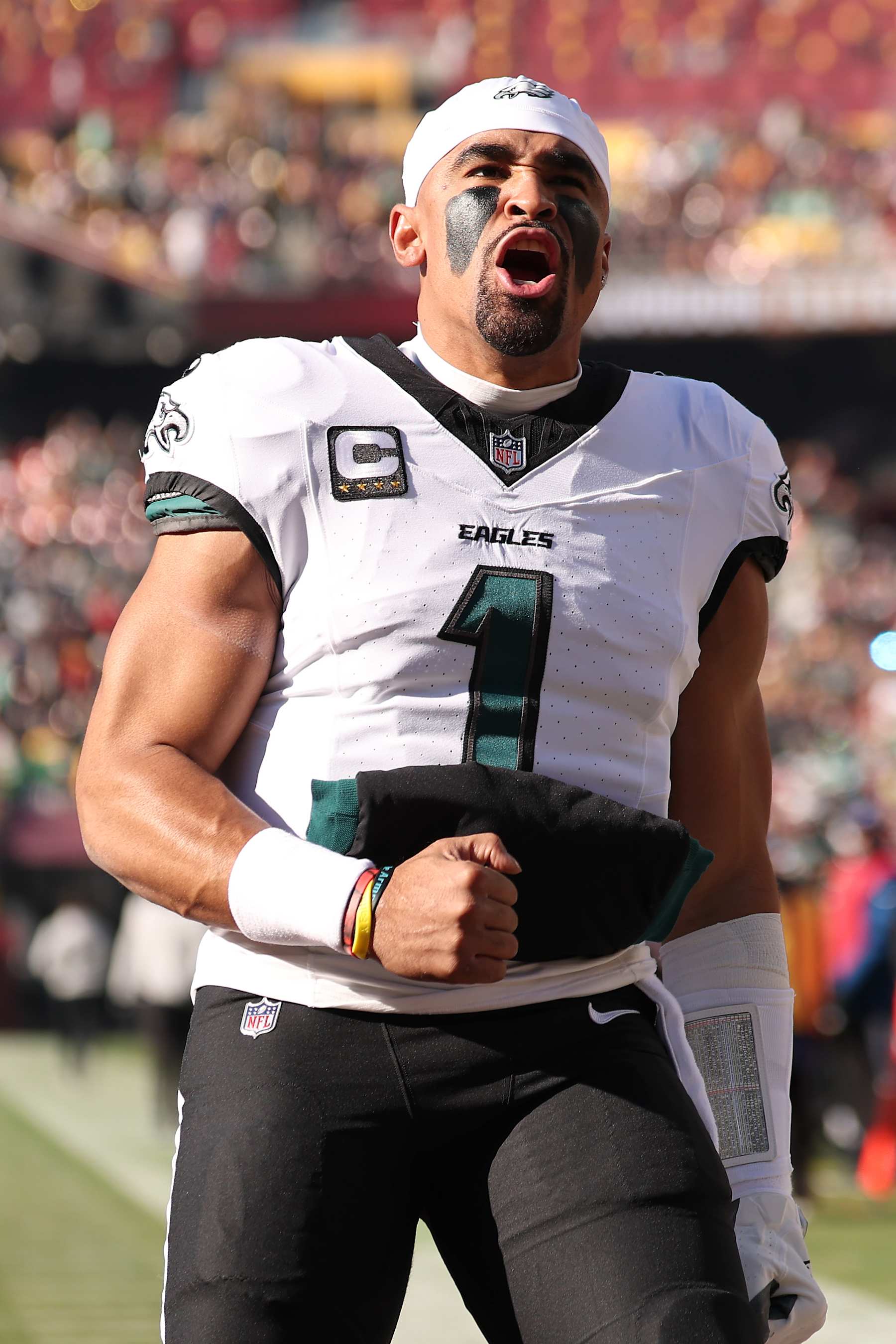 LANDOVER, MARYLAND - DECEMBER 22:  Jalen Hurts #1 of the Philadelphia Eagles reacts prior to the game against the Washington Commanders at Northwest Stadium on December 22, 2024 in Landover, Maryland. (Photo by Scott Taetsch/Getty Images)