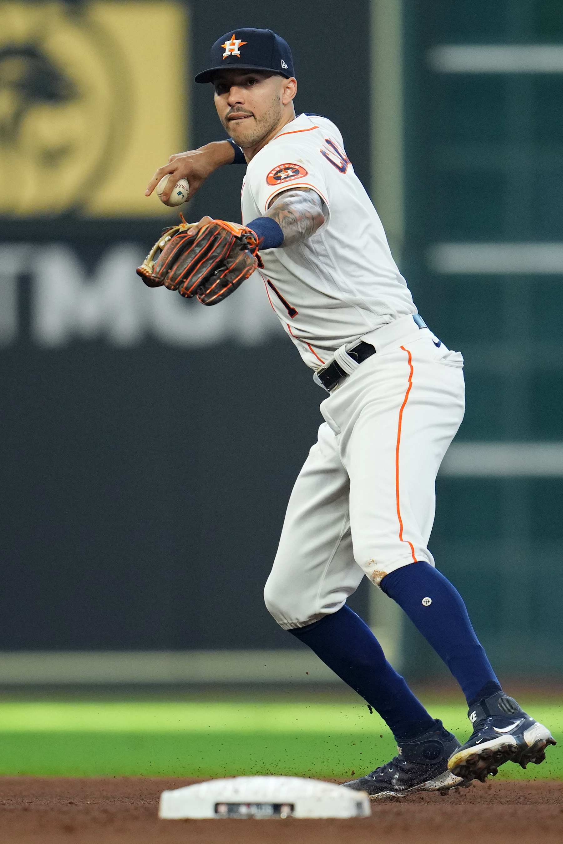 HOUSTON, TX - OCTOBER 07:  Carlos Correa #1 of the Houston Astros fields the ball during Game 1 of the ALDS between the Chicago White Sox and the Houston Astros at Minute Maid Park on Thursday, October 7, 2021 in Houston, Texas. (Photo by Cooper Neill/MLB Photos via Getty Images)