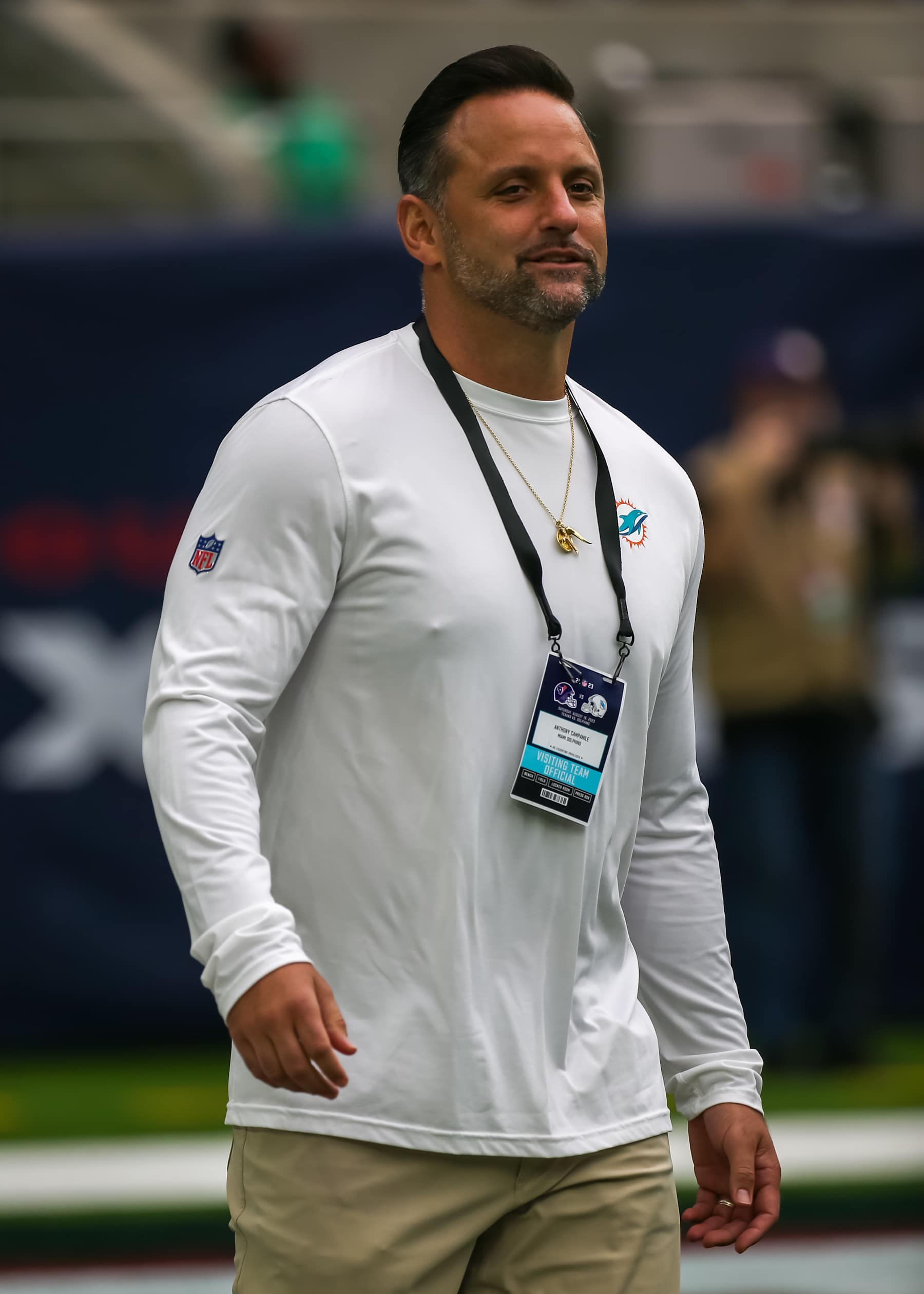 HOUSTON, TX - AUGUST 19:  Miami Dolphins linebackers coach Anthony Campanile enters the field during the preseason NFL game between the Miami Dolphins and Houston Texans on August 19, 2023 at NRG Stadium in Houston, Texas.  (Photo by Leslie Plaza Johnson/Icon Sportswire via Getty Images)
