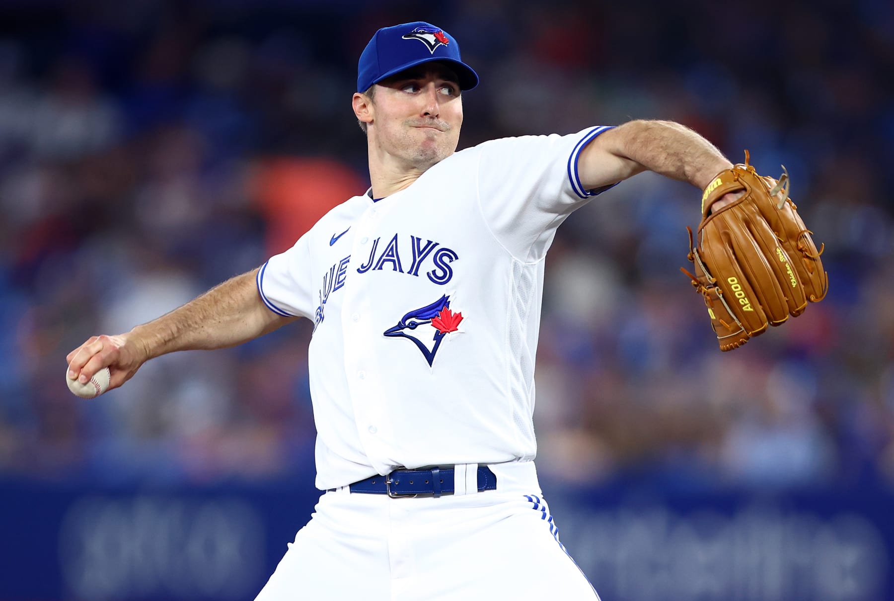 TORONTO, ON - AUGUST 17:  Ross Stripling #48 of the Toronto Blue Jays delivers a pitch against the Baltimore Orioles at Rogers Centre on August 17, 2022 in Toronto, Ontario, Canada.  (Photo by Vaughn Ridley/Getty Images)