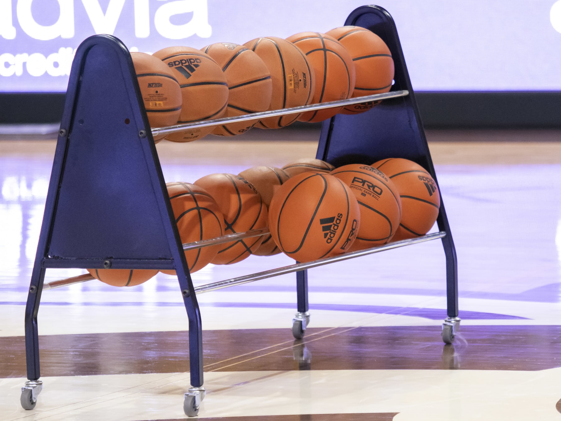 KALAMAZOO, MI - NOVEMBER 10: A general view of the Adidas PRO basketball rack before the college basketball game between the Goshen Maple Leafs and Western Michigan Broncos on November 10, 2022, at University Arena in Kalamazoo, MI. (Photo by Joseph Weiser/Icon Sportswire via Getty Images)