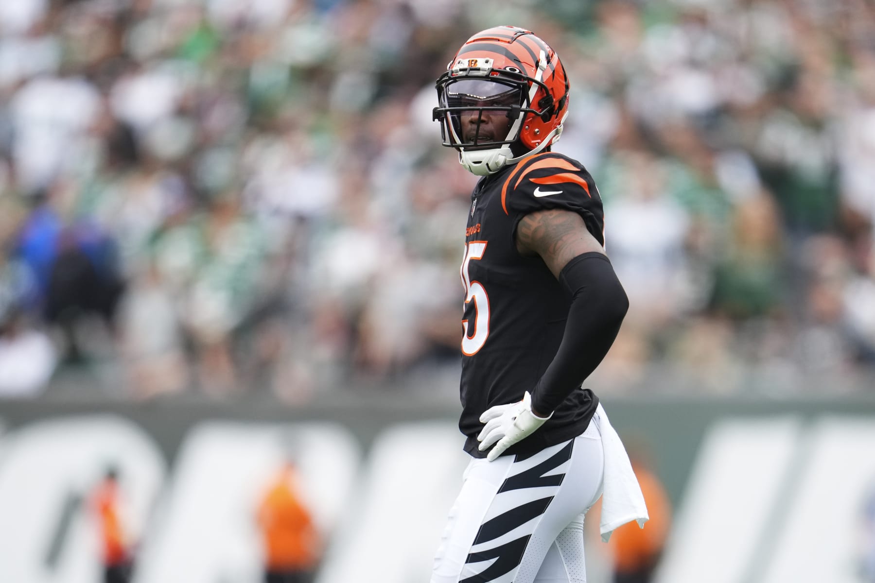 EAST RUTHERFORD, NJ - SEPTEMBER 25: Tee Higgins #85 of the Cincinnati Bengals gets set against the New York Jets at MetLife Stadium on September 25, 2022 in East Rutherford, New Jersey. (Photo by Cooper Neill/Getty Images)