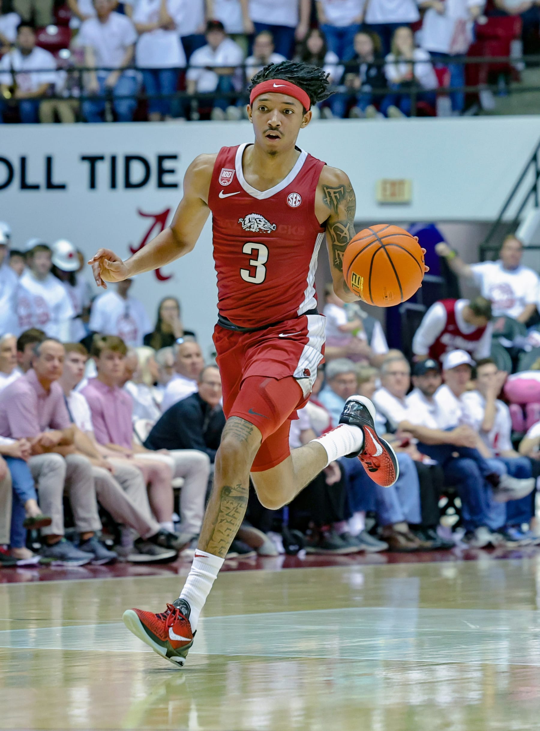 TUSCALOOSA, AL - FEBRUARY 25: Nick Smith Jr. #3 of the Arkansas Razorbacks brings the ball across mid-court during the first half against the Alabama Crimson Tide at Coleman Coliseum on February 25, 2023 in Tuscaloosa, Alabama. (Photo by Brandon Sumrall/Getty Images)