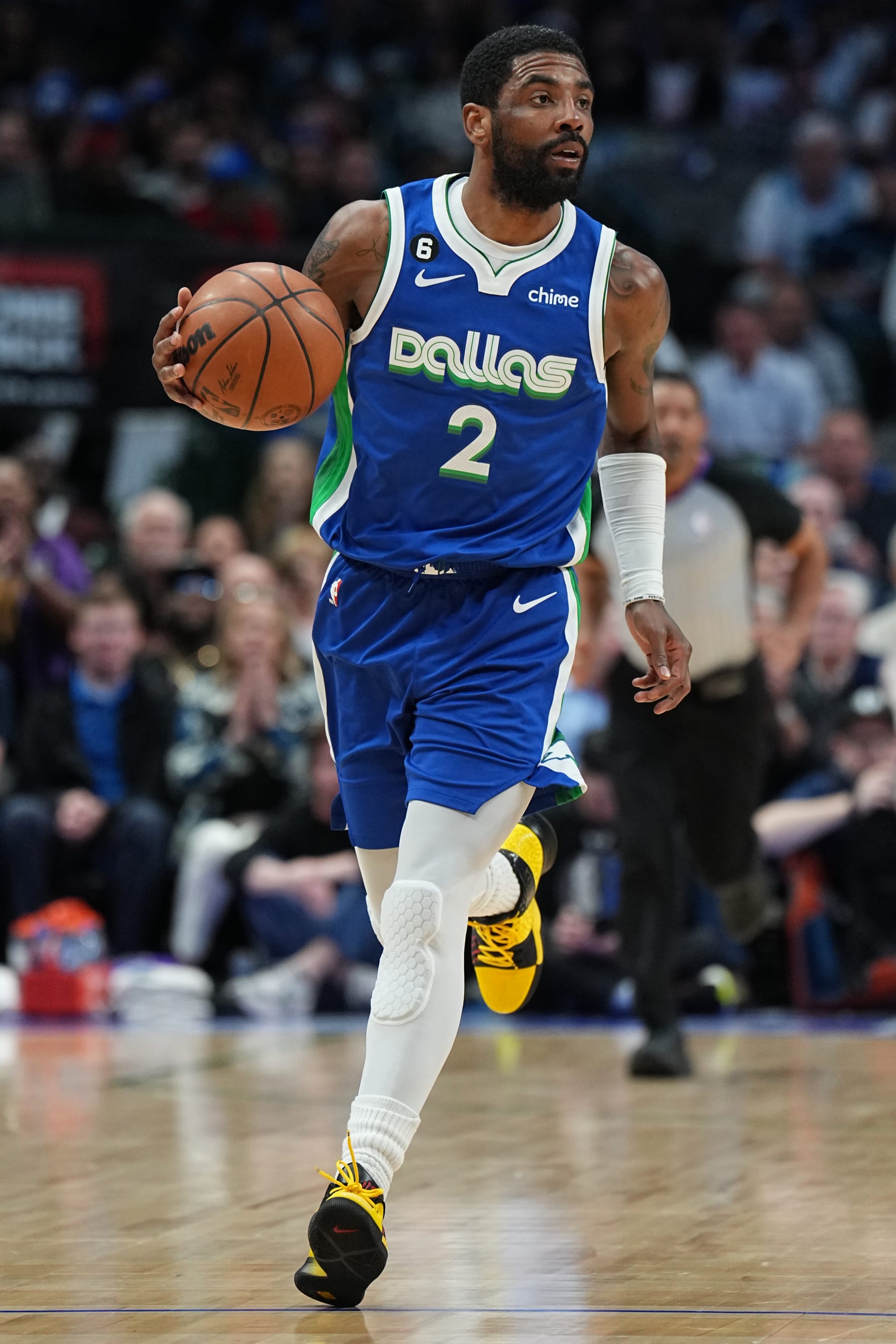 DALLAS, TX - APRIL 5: Kyrie Irving #2 of the Dallas Mavericks dribbles the ball during the game against the Sacramento Kings on April 5, 2023 at the American Airlines Center in Dallas, Texas. NOTE TO USER: User expressly acknowledges and agrees that, by downloading and or using this photograph, User is consenting to the terms and conditions of the Getty Images License Agreement. Mandatory Copyright Notice: Copyright 2023 NBAE (Photo by Glenn James/NBAE via Getty Images)