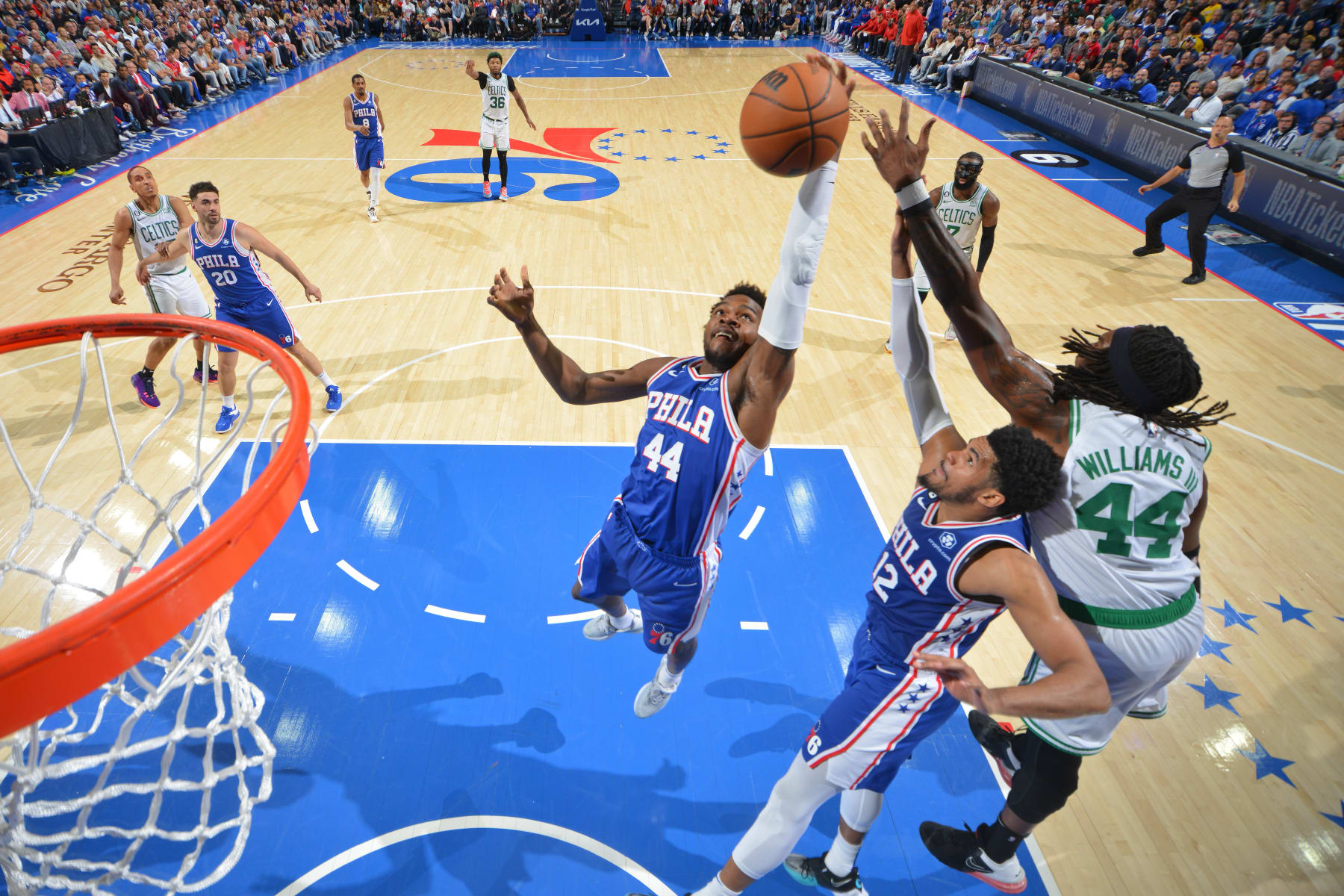 PHILADELPHIA, PA - MAY 7: Paul Reed #44 of the Philadelphia 76ers goes up for the rebound against the Boston Celtics during Game Four of the Eastern Conference Semi-Finals of the 2023 NBA Playoffs on May 7, 2023 at the Wells Fargo Center in Philadelphia, Pennsylvania NOTE TO USER: User expressly acknowledges and agrees that, by downloading and/or using this Photograph, user is consenting to the terms and conditions of the Getty Images License Agreement. Mandatory Copyright Notice: Copyright 2023 NBAE (Photo by Jesse D. Garrabrant/NBAE via Getty Images)